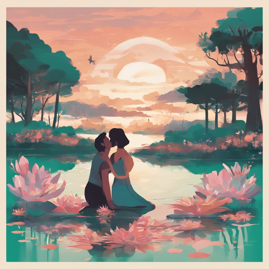 Album Cover Design Ideas:
1. **Background with**:
-feature: A quiet pond with a fine mist. In the center of the pond floats a piece or two of flower petals. Under the cloudy sky, the water surface of the pond reflects like a mirror, illuminating the surroundings.
2. **Central figure**:
-feature: A man and a woman sit in front of a pond. They look at each other and have warm feelings in their eyes. The man is tapping into the woman's eyes so that she doesn't see the tears in her eyes., The woman gives a grateful smile to the man.
3. **Detail**:
-feature: Between the two is a small gift box and a bouquet of flowers. Gift boxes and bouquets symbolize a change of heart and the feelings of love they want to give to each other.
4. **Colors**:
-feature: Harmony of warm tones throughout. The water in the pond is reflected in the glow of the sunset,, The surrounding landscape is painted in light green and brown. The two figures in the center are dressed in light pink and turquoise, giving the impression that they are gently embracing each other.
summarization:
This album cover is about love and gratitude, And we try to express the feelings we want to give to each other in a quiet and warm atmosphere.