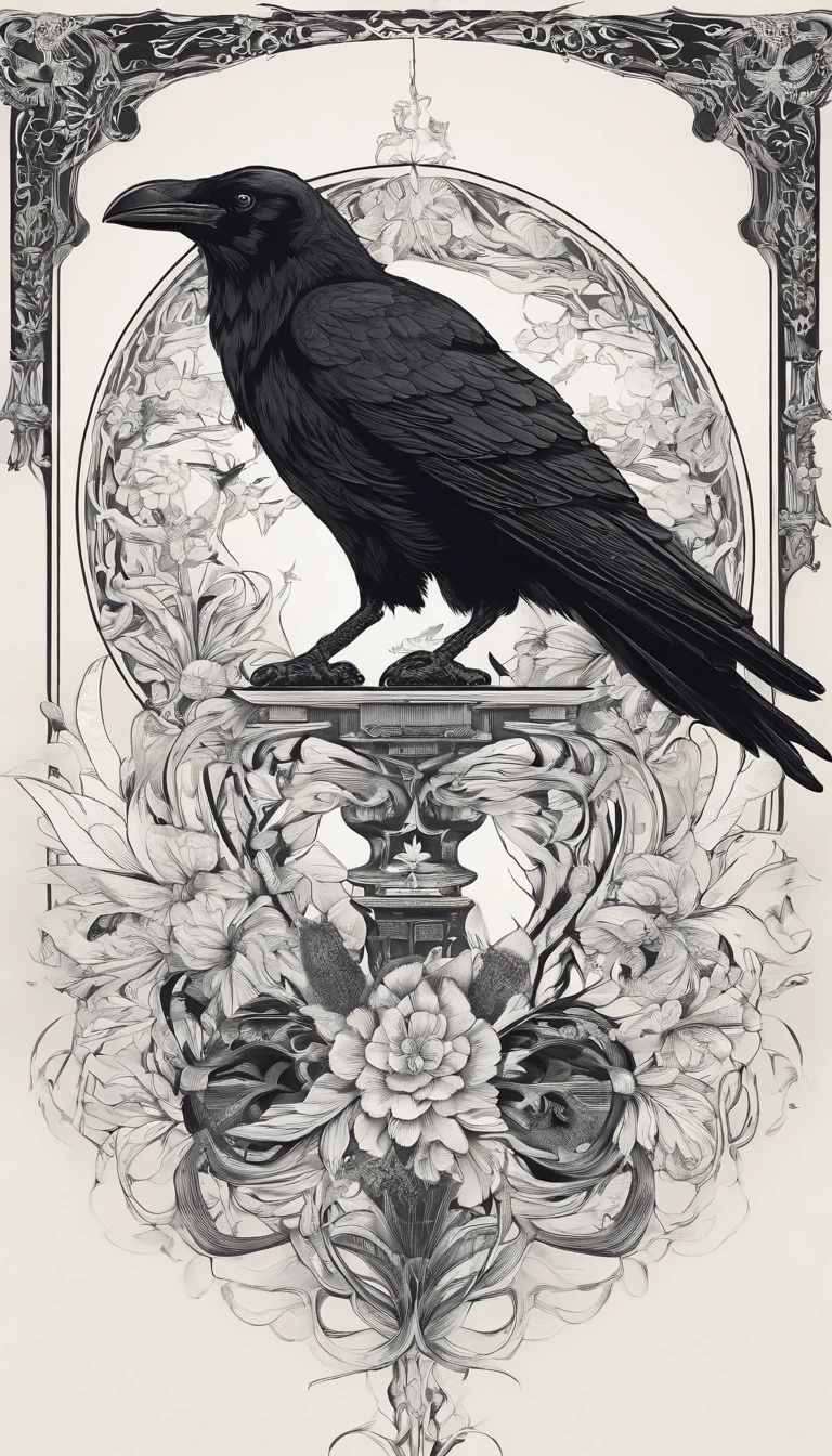black crow, skull, books, burning candle, black and white, 8K