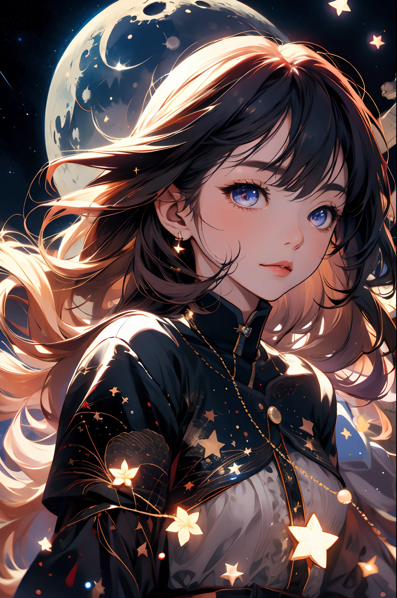 1 girl,chibi,  in the night, stars, moon,sleepy, bird, evening, flying eyes, masterpiece, best quality,