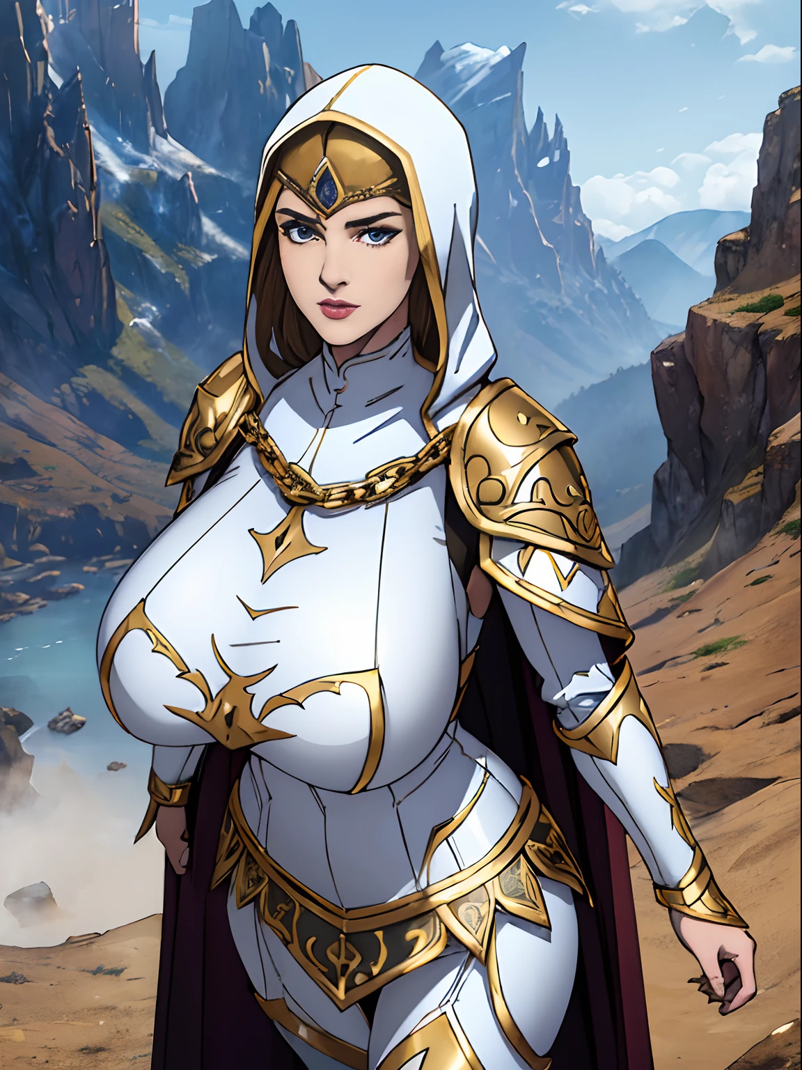 (masterpiece, top quality, best quality, official art, beautiful and aesthetic:1.2), (1girl:1.3), light freckles, fair skin, extremely detailed, portrait, looking at viewer, solo, (full body:0.6), detailed background, close up, (warm grasslands theme:1.1), holy paladin knight, charlatan, smirk, mysterious, swaying in mountains, modest attire, ((((ornate white and gold metal plate armor)))), cowl, nun hood, wimple, boob armor, cowl, robe, chain mail, chainmail, leggings, chainmail leggings, chain mail leggings, breastplate, tabard, gorget, hood, pauldrons, greaves, armored, long boots, longsword, shield, cape, cloak, pearlescent metal, white fabric, pale leather, ((((gigantic breasts)))), slim waist, slim hips, long legs, medieval (mountain exterior:1.1) background, dark mysterious lighting, shadows, magical atmosphere, dutch angle,