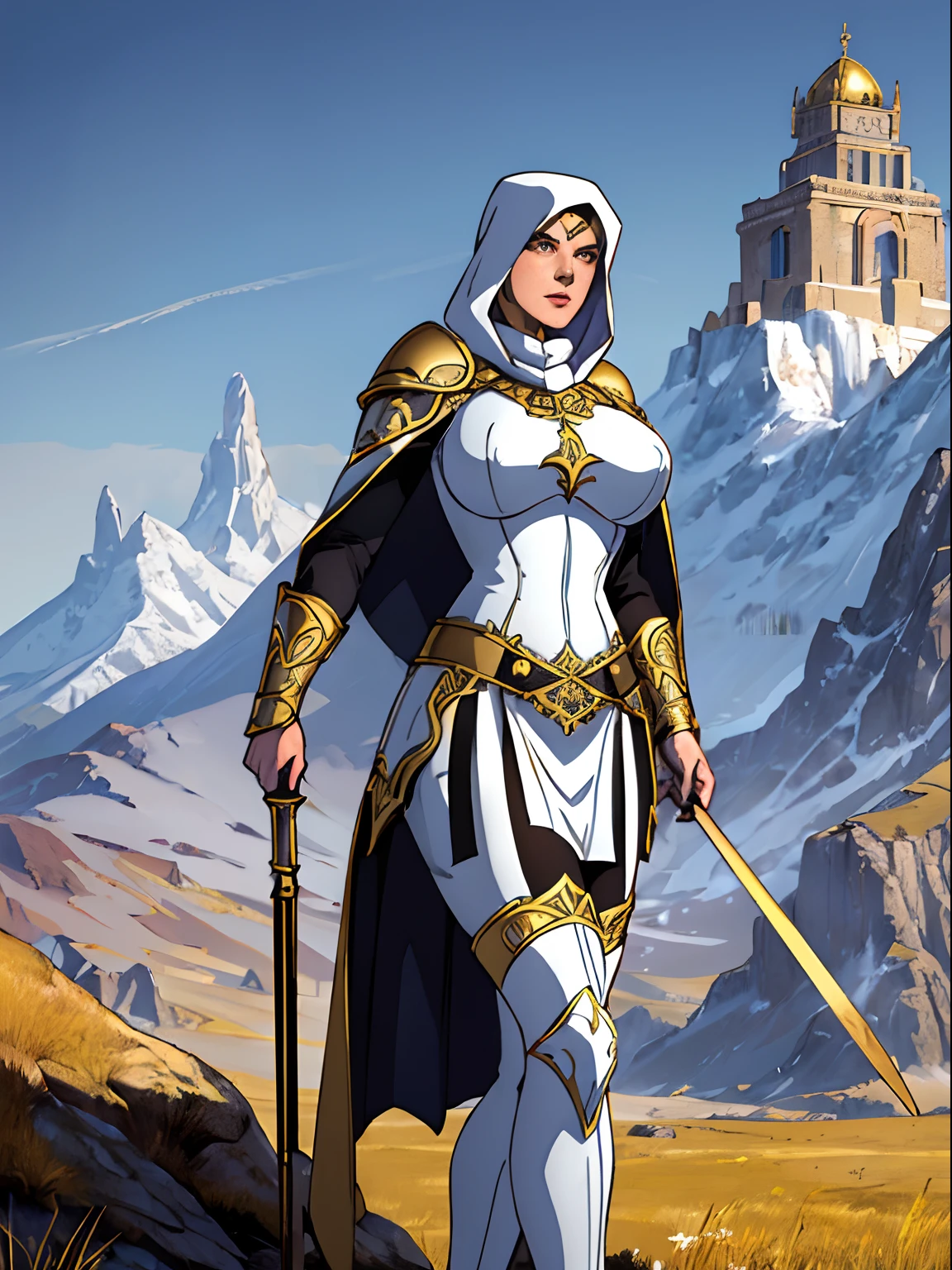 (masterpiece, top quality, best quality, official art, beautiful and aesthetic:1.2), (1girl:1.3), light freckles, fair skin, extremely detailed, portrait, looking at viewer, solo, (full body:0.6), detailed background, close up, (warm grasslands theme:1.1), holy paladin knight, charlatan, smirk, mysterious, swaying in mountains, modest attire, ((((ornate white and gold metal plate armor)))), cowl, nun hood, wimple, boob armor, cowl, robe, chain mail, chainmail, leggings, chainmail leggings, chain mail leggings, breastplate, tabard, gorget, hood, pauldrons, greaves, armored, long boots, longsword, shield, cape, cloak, pearlescent metal, white fabric, pale leather, ((((gigantic breasts)))), slim waist, slim hips, long legs, medieval (mountain exterior:1.1) background, dark mysterious lighting, shadows, magical atmosphere, dutch angle,