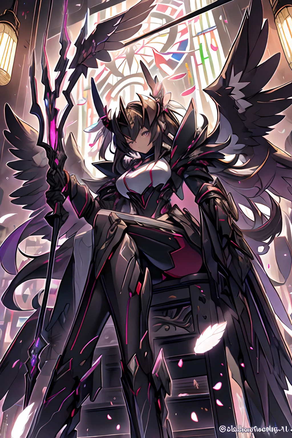 aura,purple lightning,condense energy in hands,, masterpiece, 4k, absurdres,yugioh style yugioh monster glowing outline ,whirlwind of feathers background,black wings,dark clouds,purple lightning,, highly detailed CG unified 8K wallpapers, 8k uhd, dslr, high quality, (anime girl in black armor, glitchy glitching, black hair, M4rbleSCNEW, holding bow and arrow, sitting, legs crossed, in cathedral, stain ed glass windows, cinematic lighting, thick thighs