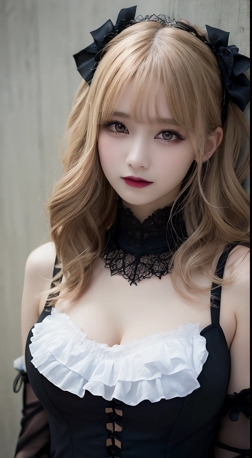 masutepiece, Best Quality, Illustration, Ultra-detailed, finely detail, hight resolution, 8K Wallpaper, Perfect dynamic composition, Beautiful detailed eyes, Gothic lolita, off shoulders, Blonde wavy hair, huge-breasted, huge-breasted, Huge breasts, huge-breasted, huge-breasted, Gothic fashion, Gothic makeup, Bold sexy poses,Smile, Landmine fashion、20 years girl、Cute、Sexy shot looking at camera, Full body