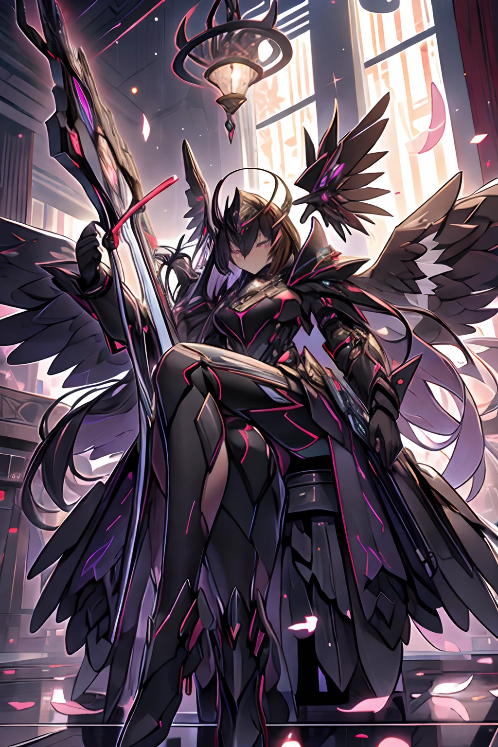 aura,purple lightning,condense energy in hands,, masterpiece, 4k, absurdres,yugioh style yugioh monster glowing outline ,whirlwind of feathers background,black wings,dark clouds,purple lightning,, highly detailed CG unified 8K wallpapers, 8k uhd, dslr, high quality, (anime girl in black armor, glitchy glitching, black hair, M4rbleSCNEW, holding bow and arrow, sitting, legs crossed, in cathedral, stain ed glass windows, cinematic lighting, thick thighs