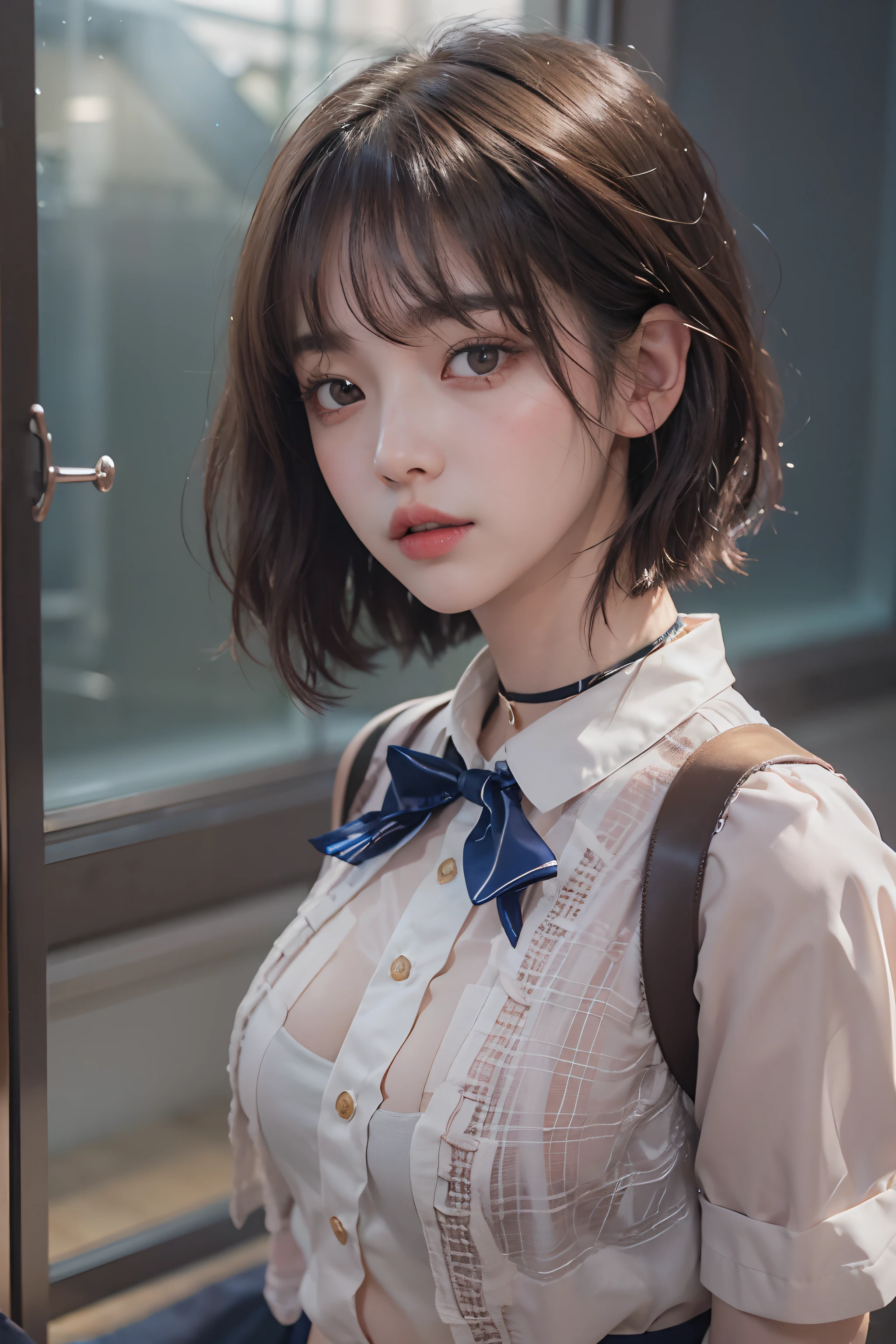 ((a closeup))、((1girl in))、(in her 20s)、(((Very short hair that shows the neckline)))、((Pattsun bangs))、((A dark-haired))、((Glare at the view)、(Schoolgirl Uniform))、(Dark blue blazer、bow ribbon、Y shirt、Plaid skirt、high socks)、(Photoreal Stick:1.2)、in 8K、(High quality shadows)、Detail Beautiful delicate face、Detail Beautiful delicate eyes、Cute K-pop Idol、(Korean Urzan Face)、(ulzzang -6500-v1.1:0.6)、gloweyes、perfectbody、Natural color reproduction、Bright red lipstick、(a choker)、((Brown eyes))、Shiny hair、Description beautiful delicate hair、Ruins of concrete、Light coming in through a broken window、(Standing in the hallway where the light bulb seems to burn out)、