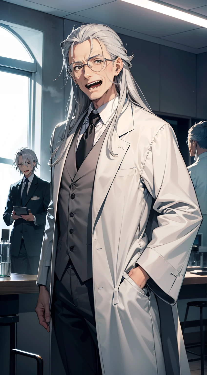 High quality, Masterpiece, aged 40,Anime male scientist,jpn,Long gray hair emanating from the shawl, Skinny figure, skiny, Wearing the white robe of a scientist,Black suit pants, Maniacal laughing expression, Stand in a science lab, Close-up of the bust.