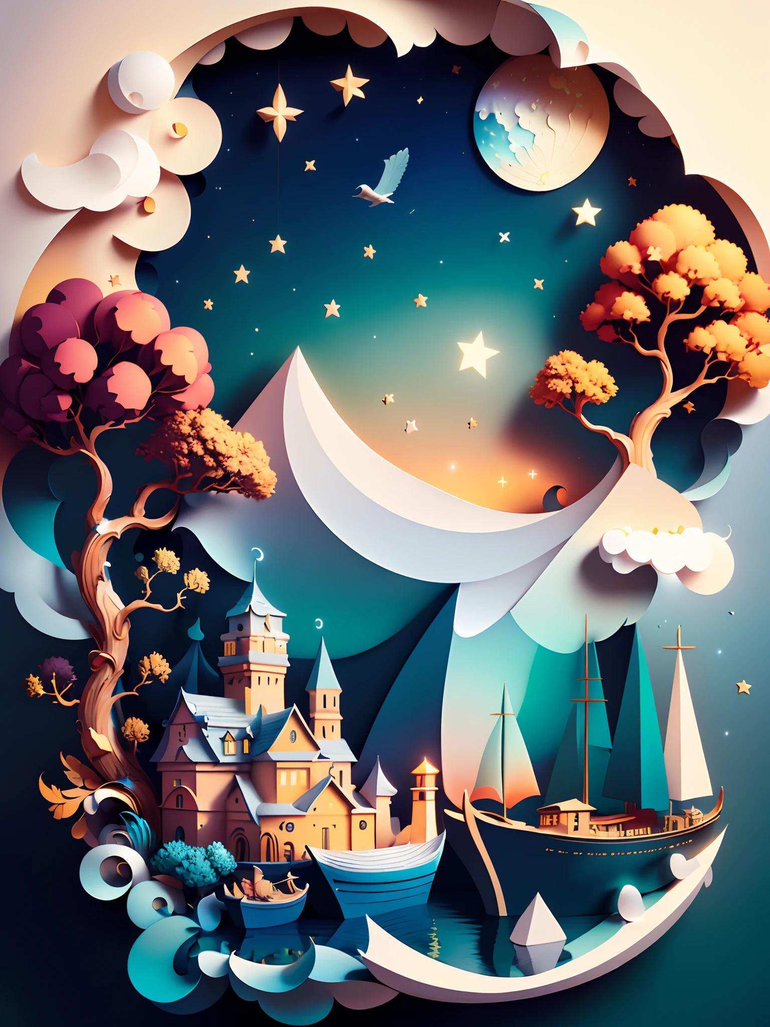 (((masterpiece))),bestquality, illustration,  sky, clouds, water, star \(symbol\), trees, no human, nighttime, Birds, moon, building, star \(sky\), night sky, scenery, starry sky, boat, castles, boat, wave, tower, boat. Bright color schemes, Soft light,(warm colors:1.2),water color painting, Light Background, Best quality, exquisite details,3D rendering,octanerender, pastel, paper_cut