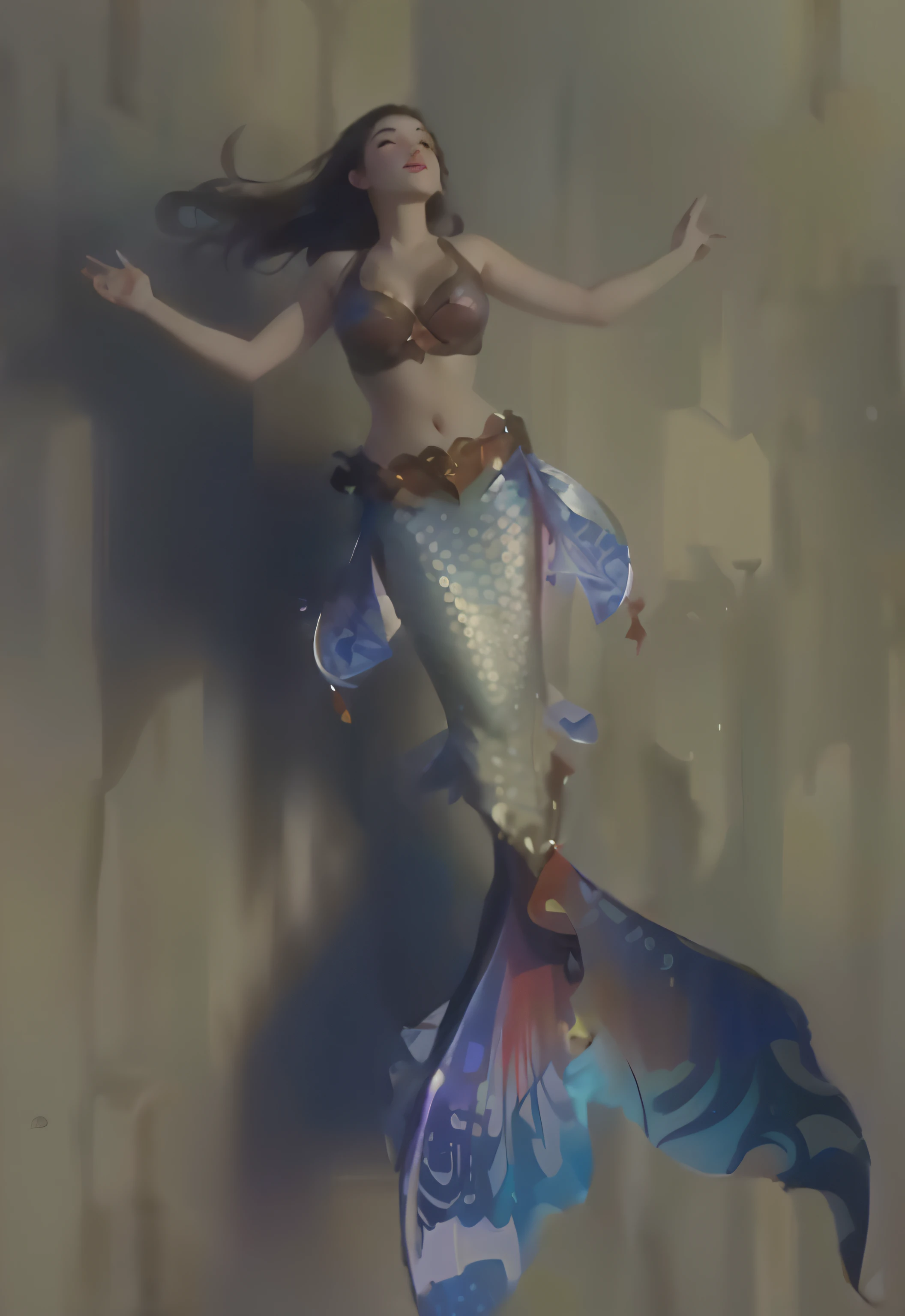 sirena con pelo largo flotando en el agua con una cola azul, Estilo de pintura WLOP, El estilo de WLOP, Reina del Mar Mu Yanling, Obras de arte al estilo de Guweiz, Guweiz, sirena, hermosa sirena, Arte WLOP, WLOP y Krenz Cushart, Emma Watson como una sirena, Obra maestra de Guweiz