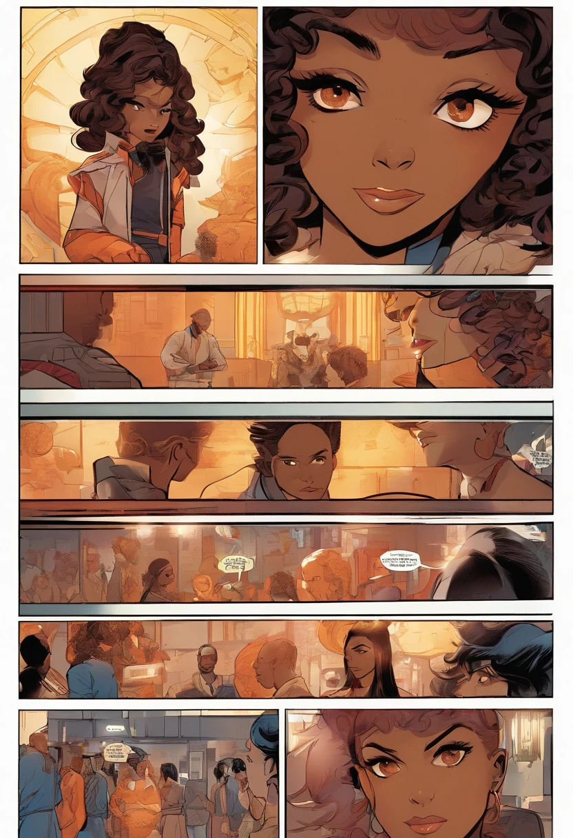 marvel comic style, comic panel, almond skin, full body design, slender upper body, face freckles, doe eyes, pout lips, oval face, thin eyebrows, afro filipina young girl, curly dark brown hair, bangs have madeira hairstreaks, black eyes, wearing X-men suit, hypnotic sepia magic coming out her hands, full body, dark colors, vertical cut, multiple angles, different angles, all angles, different poses.