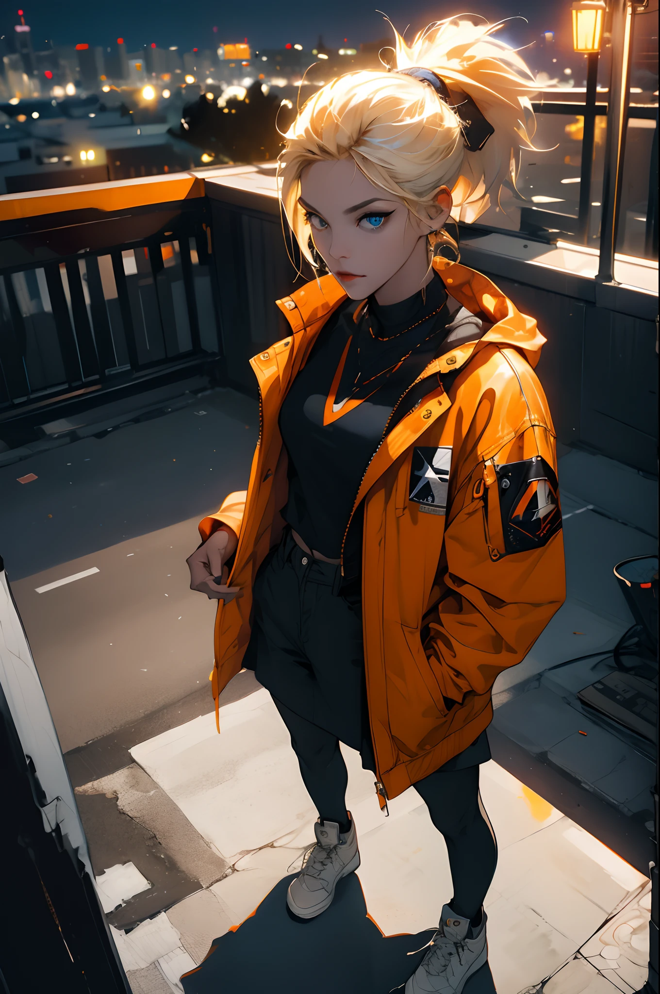 realistic, best quality, 8k uhd, dslr, soft lighting, high quality, film grain, Fujifilm XT3,
(close up, from directly above), Edgy girl, dark orange jacket, white sneaker, platinum blonde hair color, ponytail, dramatic makeup, piecing, (nighttime, dark city), neon signs, individuality, authenticity, creative expression,
camera, computer, books, messy room, rooftop apartment