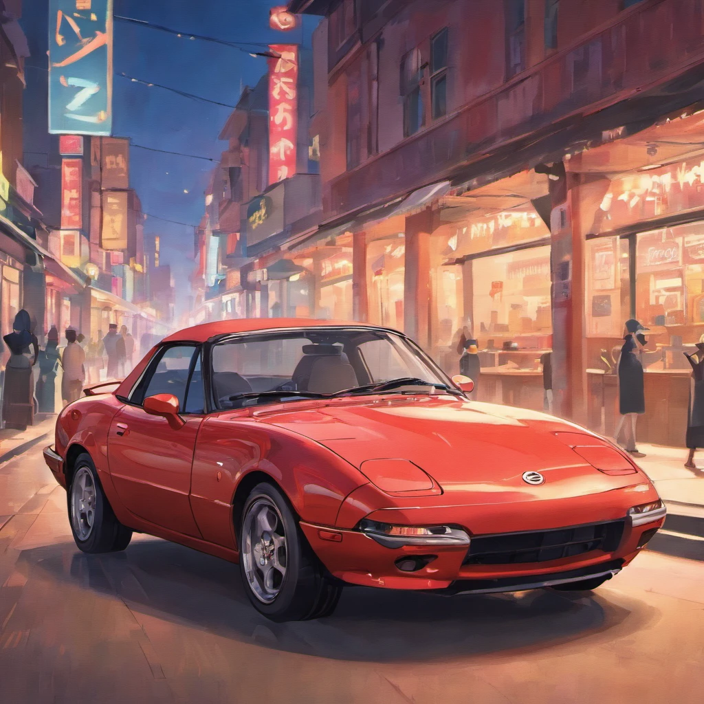 Mazda miata 95s |, como Pontiac Fiero ou Ford Thunderbird, ultra-detalhado, melhor qualidade, side view, colorido, na rua movimentada de lojas vintage e restaurantes vintage no fundo, Perfect lighting and shadow.