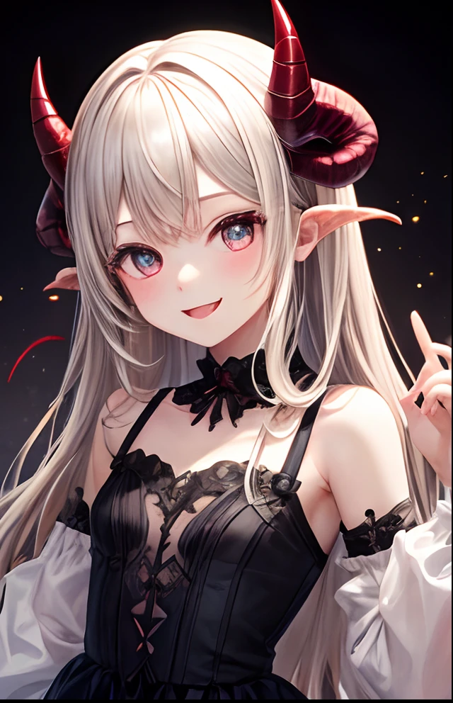 27-year-old woman, beautiful woman, gargoyle, long white hair, unadorned and loose hair, pale skin, cherry colored eyes, white horns hidden among the hair, lilac lips, pointed ears, elegant Victorian white dress, proud countenance, elegant smile, standing on a gothic cotillo