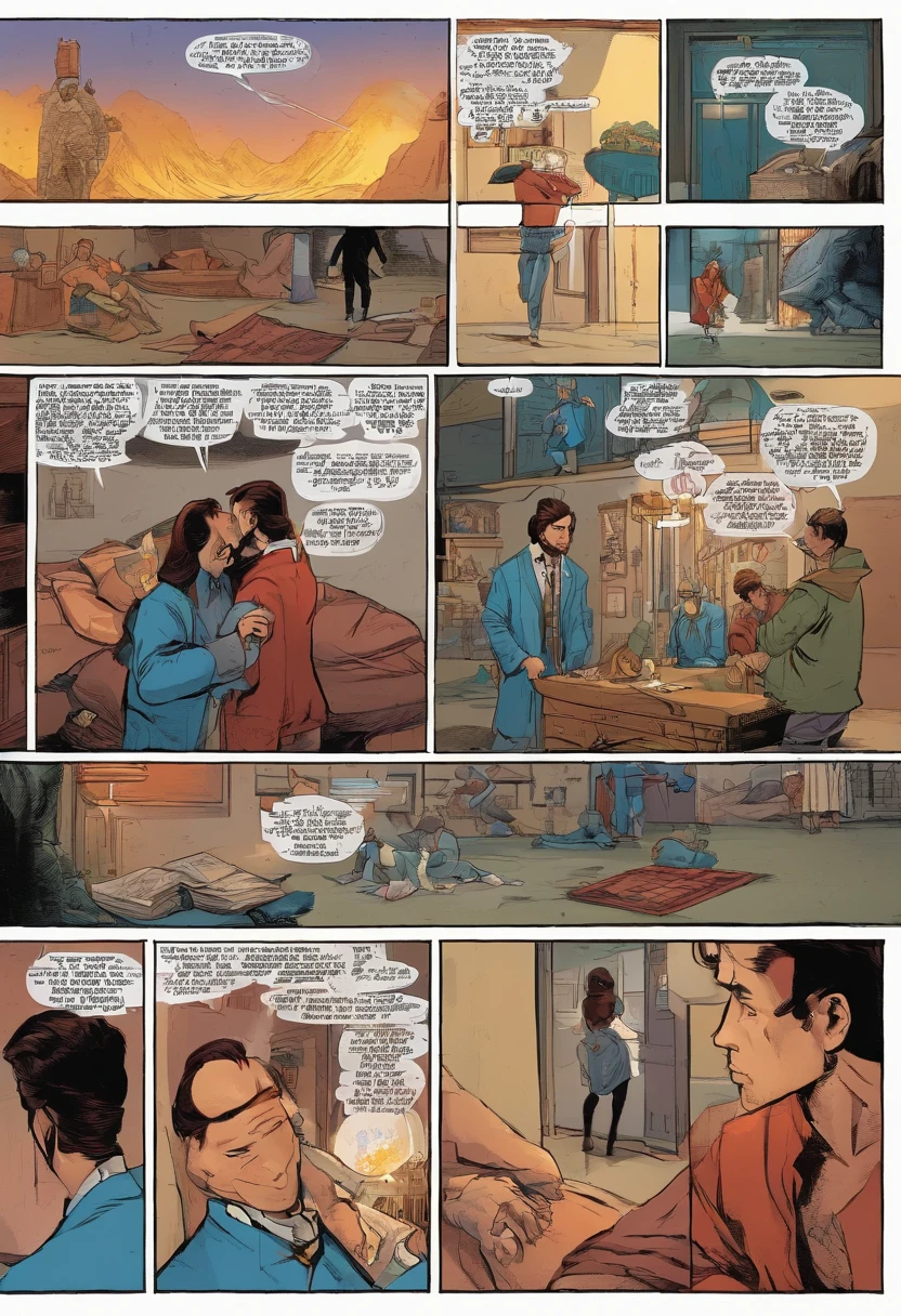 American comics, the comic story is presented in multiple irregular panels with color. "A concerned gaze fell upon Lloyd, the knight was stunned to see his master with such a blank and lost stare, a smudge of red was under his nose, trembling red hands and exhausted whispers filled with nonsense ran through the room. Javier instinctively grabbed the brown haired man by the shoulders just a moment before he fainted, without letting himself feel the shock he took him with caution on his arms and brought him to the bed checking his pulse and mana, Lloyd’s heart was beating slower than usual but nothing to be worried about." The style is exaggerated and detailed