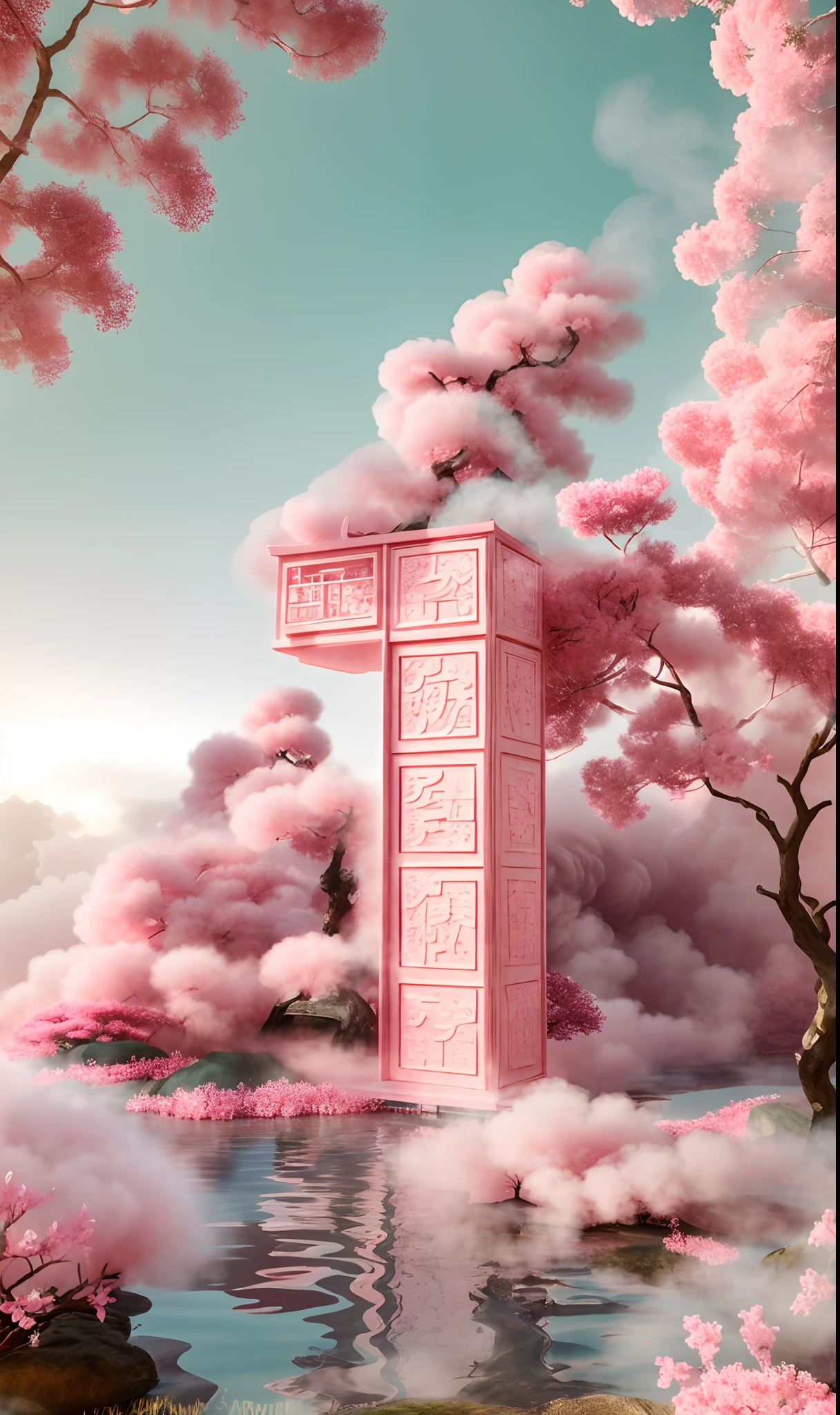 Masterpiece, best quality, Chinese pattern carving,Center composition, Pink Chinese architecture, C4D, pink tree, bright, ultra HD, bright colors, cloud,water,smoke, 16k, mobile wallpaper,Uniform tone
