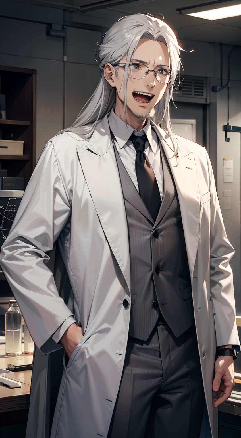 High quality, Masterpiece, aged 40,Anime male scientist,jpn,Long gray hair radiating from the shawl, Skinny figure, skiny, Wearing the white robe of a scientist,Black suit pants, Maniacal laughing expression, Stand in a science lab, Close-up of the bust.