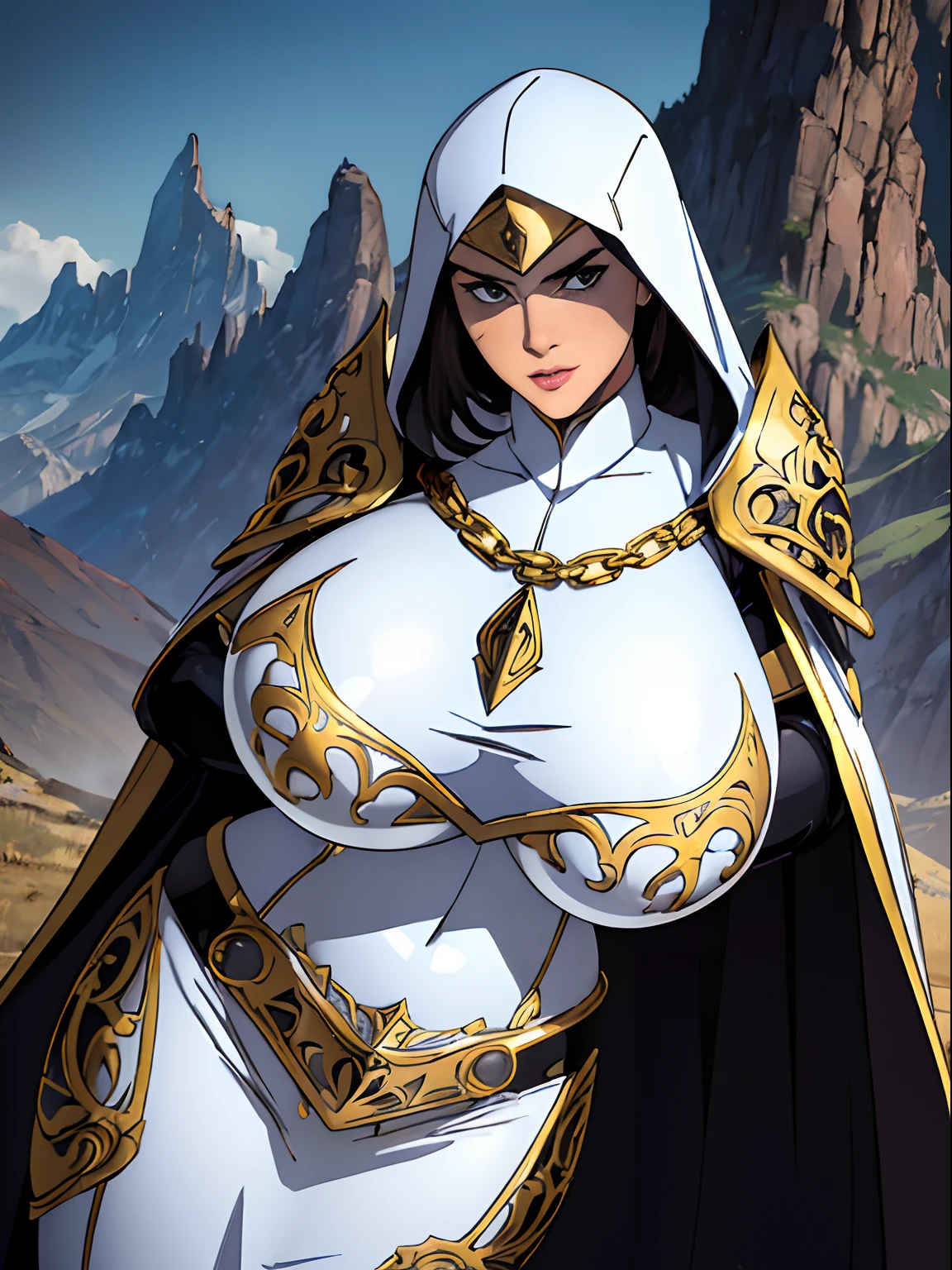 (masterpiece, top quality, best quality, official art, beautiful and aesthetic:1.2), (1girl:1.3), light freckles, fair skin, extremely detailed, portrait, looking at viewer, solo, (full body:0.6), detailed background, close up, (warm grasslands theme:1.1), holy paladin knight, charlatan, smirk, mysterious, swaying in mountains, modest attire, ((((ornate white and gold armor)))), cowl, nun hood, wimple, boob armor, cowl, robe, chain mail, chainmail, leggings, chainmail leggings, chain mail leggings, breastplate, tabard, gorget, hood, pauldrons, greaves, armored, long boots, longsword, shield, cape, cloak, pearlescent metal, white fabric, pale leather, ((((gigantic breasts)))), slim waist, slim hips, long legs, medieval (mountain exterior:1.1) background, dark mysterious lighting, shadows, magical atmosphere, dutch angle,