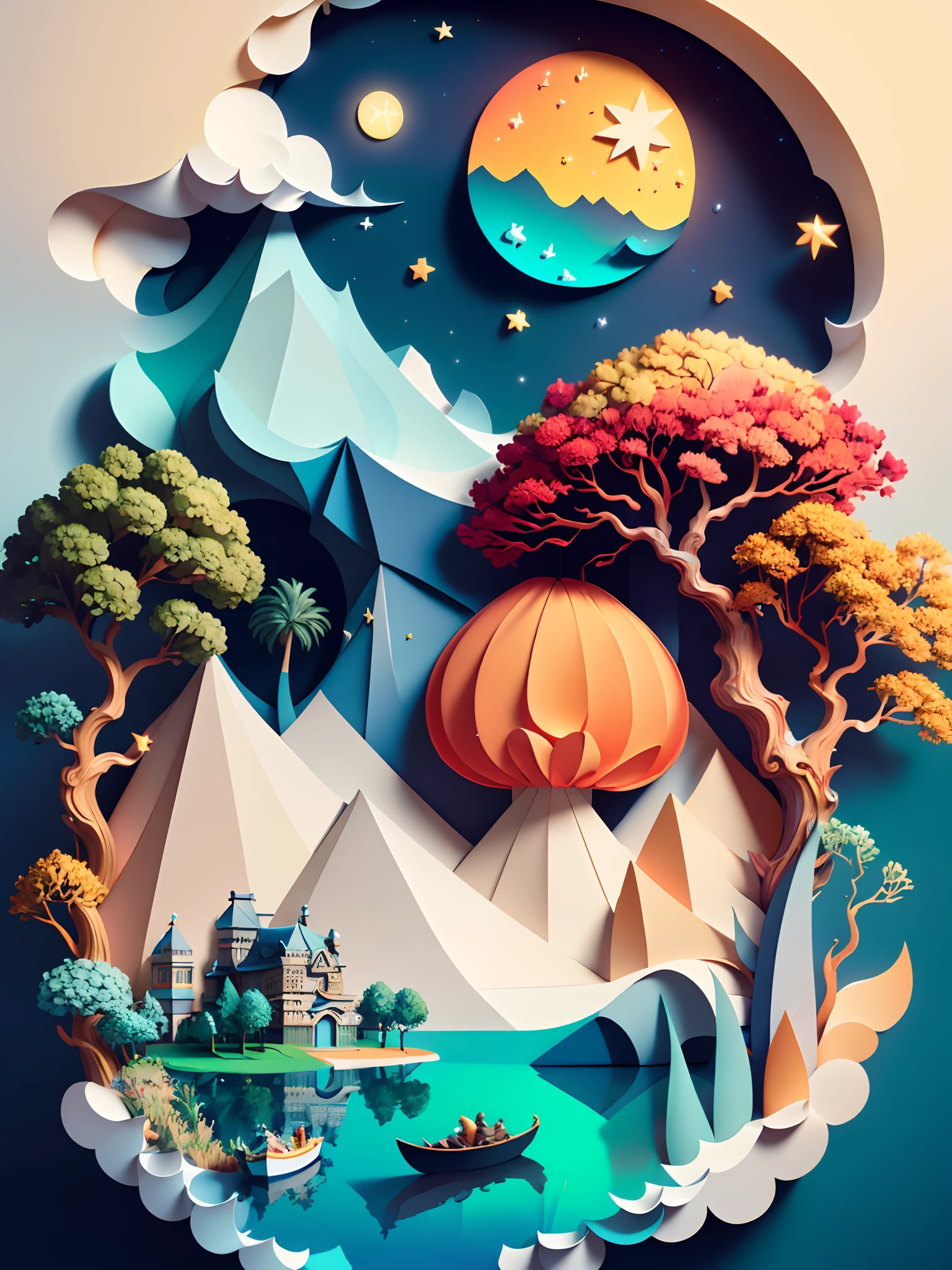 (((masterpiece))),bestquality, illustration, sky, clouds, water, star \(symbol\), trees, no human, nighttime, Birds, moon, building, star \(sky\), night sky, scenery, starry sky, boat, castles, boat, wave, tower, boat. Bright color schemes, Soft light,(warm colors:1.2),water color painting, Light Background, Best quality, exquisite details,3D rendering,octanerender, pastel, paper_cut