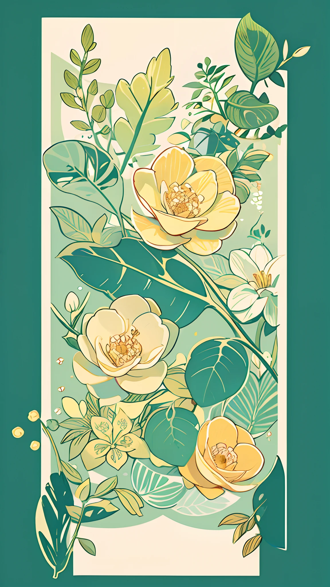 Slight vintage color,planar,,RISO print style,illustration,adolable,Leave white space,low-saturation,Lots of flowers，Individually arranged，leafs，branches，Printing， a sticker，Random distribution，Lovely drawing style， Color guide，Graphic design，Carpet pattern，（solid color backdrop）