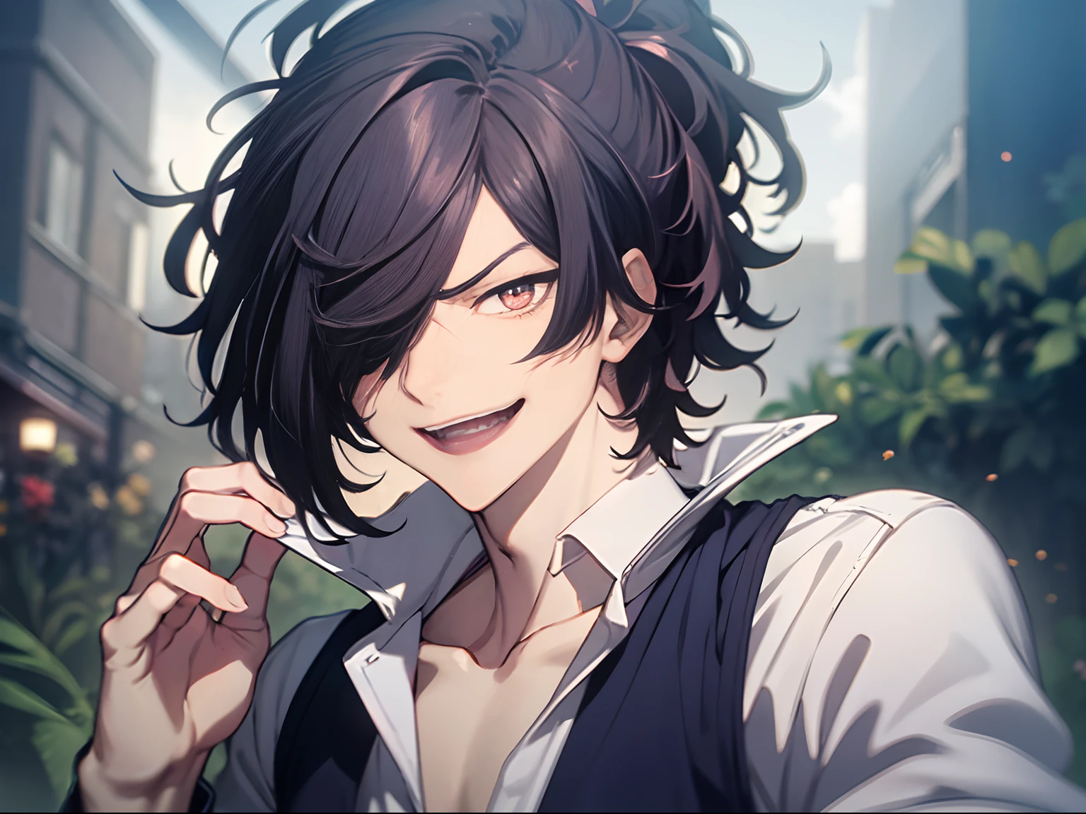 In the mansion,A boy with,black hair, hair over one eye, hair strand, raised eyebrows, glaring, pac-man eyes, open mouth, evil smile, drunk, grimace, crazy smile, anime, chiaroscuro, UHD, best quality, highres