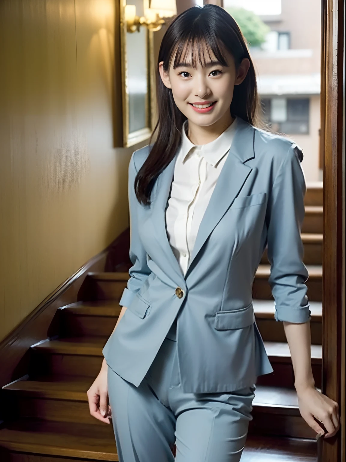 top-quality、超A high resolution、(Photorealsitic:1.4)、女の子1人、Gray pantsuit、Office stairs、turned around、A little smile、Unusual look、Sexy buttocks、White blouses、Beautiful curved waist constriction、Document Case Retention
