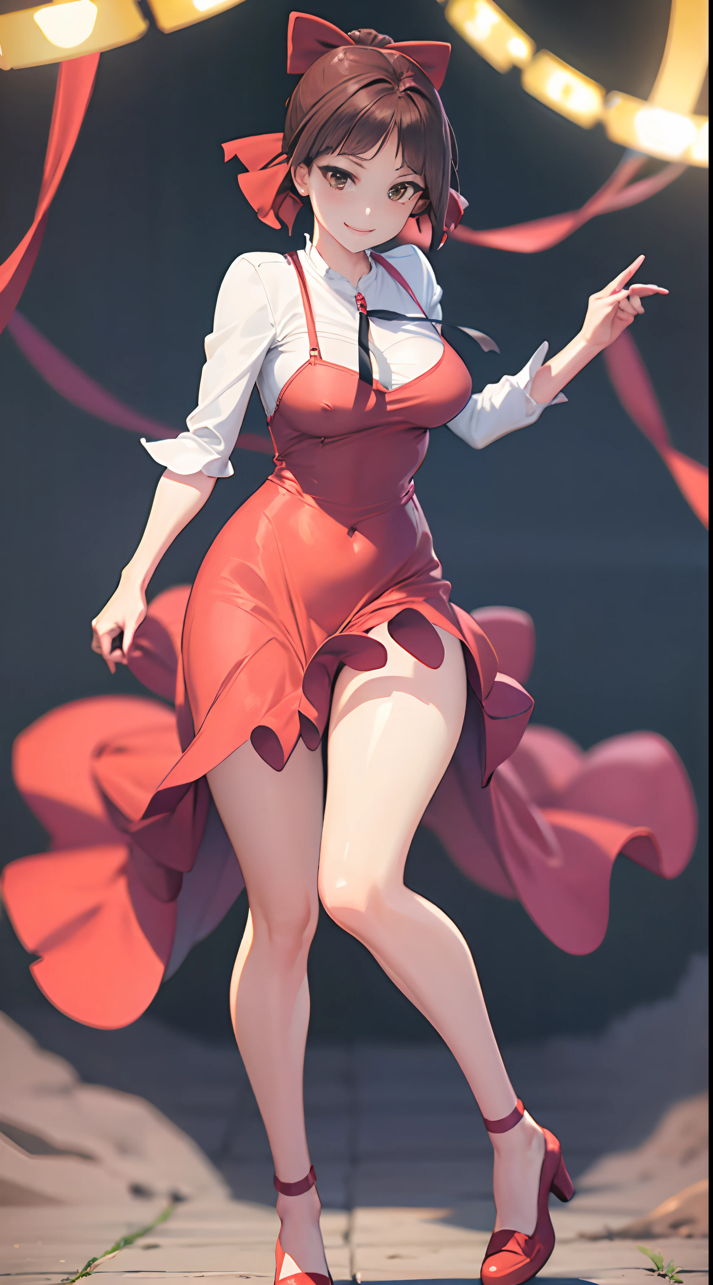 1womanl,Brown hair,Red ribbons ,Natural smile,Beautiful breasts,White shirt,Red dress,well-styled,full body Esbian,