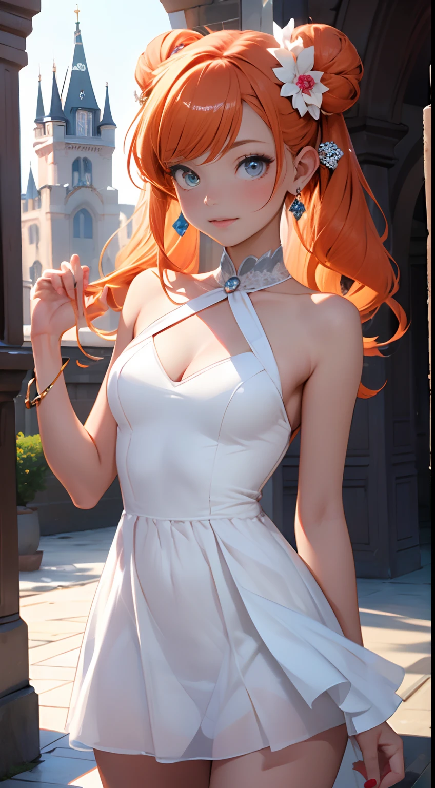 1 girl, solo, (masterpiece, master quality, high resolution, ultra-detailed, beautiful:1.2), small breasts, beautiful scenery,shiny skin, nice hands, perfect hands,strawberry hair ornament, twintails, wedding, (wedding short dress:1.2), cinderella, (sparkle:1.2), (shining:1.1), (beautiful castle background), cowboy shot, thighs slip, (thighs focus),、,very long hair, twintails, hair ornament, jewelry, hair flower, shiny hair, orange hair, double bun, hair flower, hair bun, flower, earring