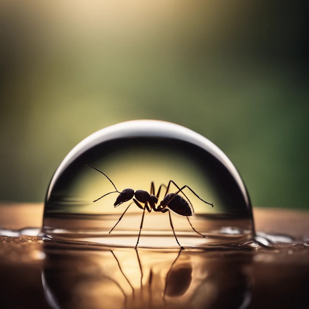An ant is being kept in a drop of water
