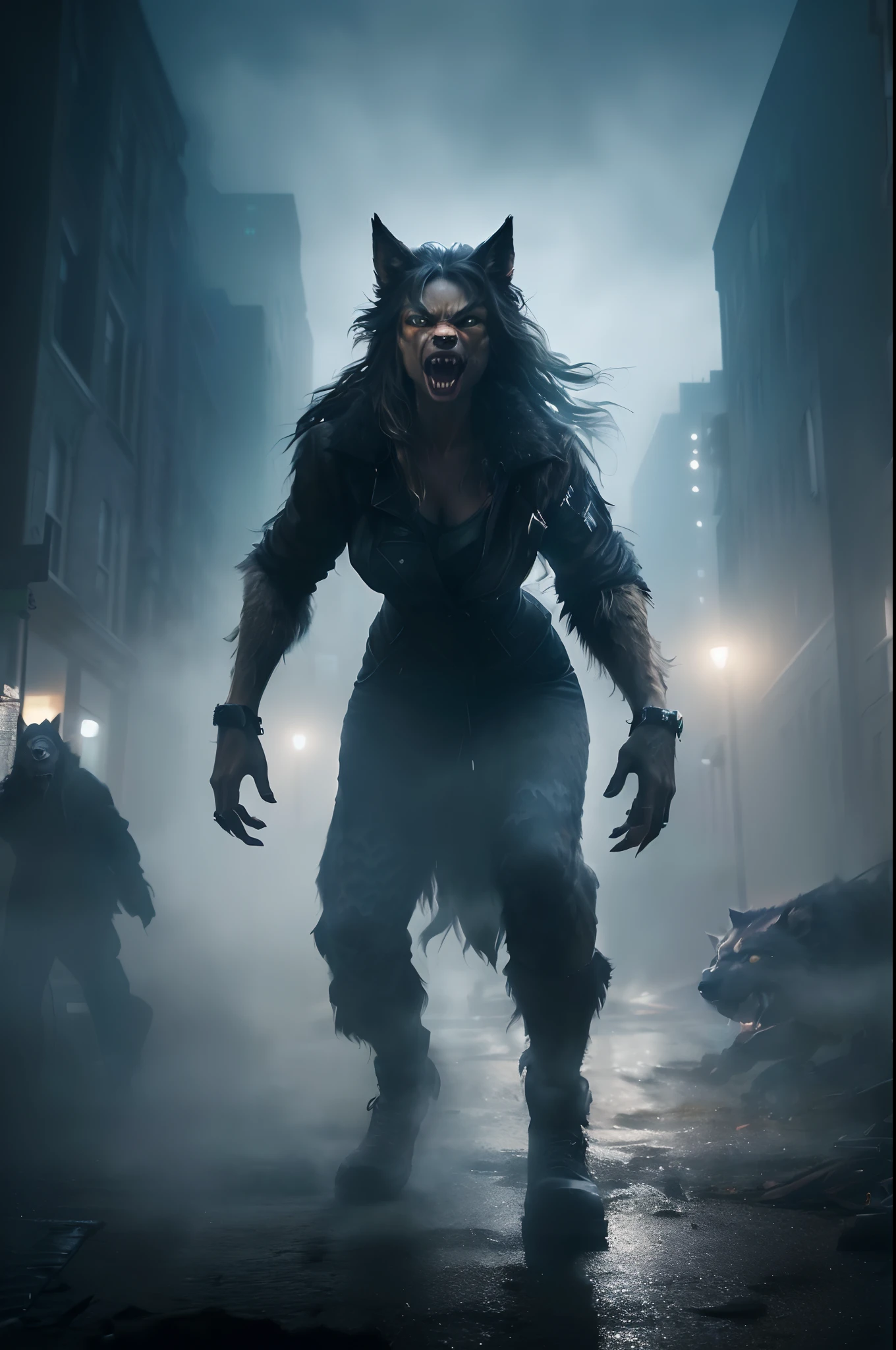 solo , girl, female werewolf walking in the fog in a city street, transforming into werewolf, werewolf man, angry high moral sexy werewolf, werewolf?, werewolf”, werewolf, muscular werewolf, screenshot from morbius (2022), movie still of a snarling, portrait of a werewolf, still from a live action movie, an anthropomorphic wolf