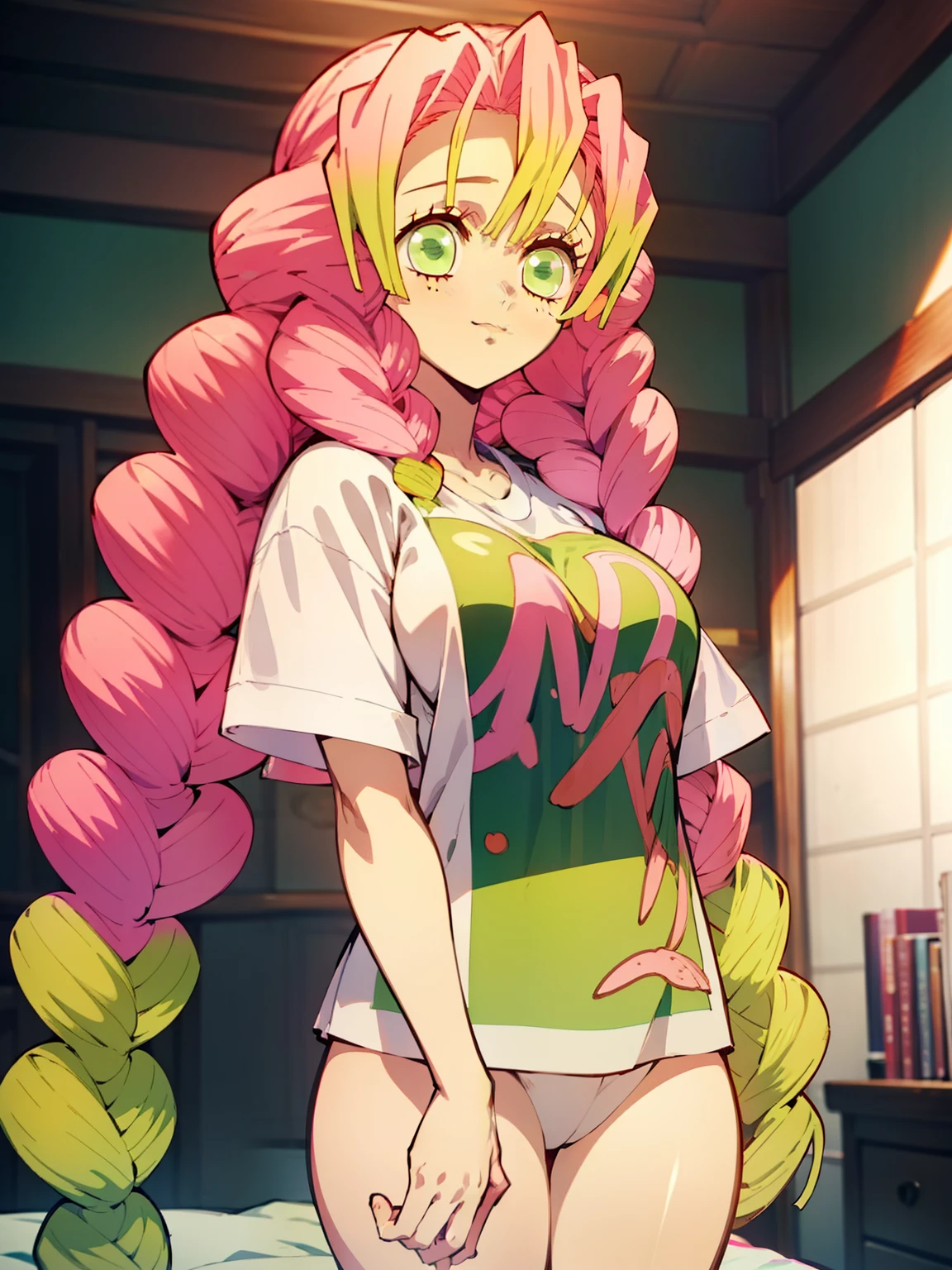 1girl, Anime girl with long hair, anime moe art style, Anime visuals of cute girls, Anime Best Girl, pretty anime girl, Smooth Anime CG Art, Seductive Anime Girl, charming anime girls, Cute anime girl, Shining eyes, massive boobs, mitsuri, (((tshirt with no pants))), smile, pink hair, green hair tips, green eyes, thick thighs, close up, bedroom, warm light