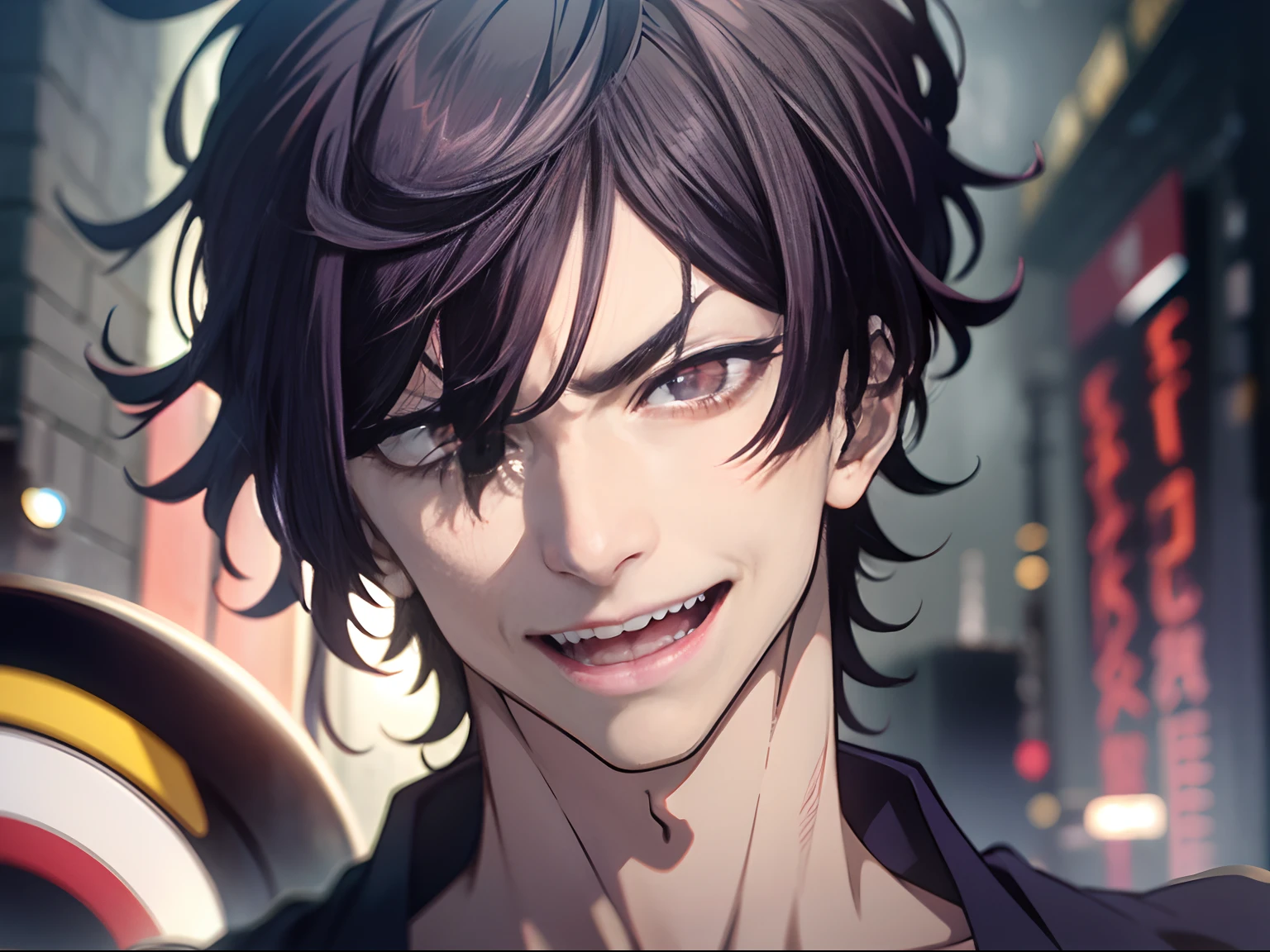 In the mansion,A boy with,black hair, hair over one eye, hair strand, raised eyebrows, glaring, pac-man eyes, open mouth, evil smile, drunk, grimace, crazy smile, anime, chiaroscuro, UHD, best quality, highres