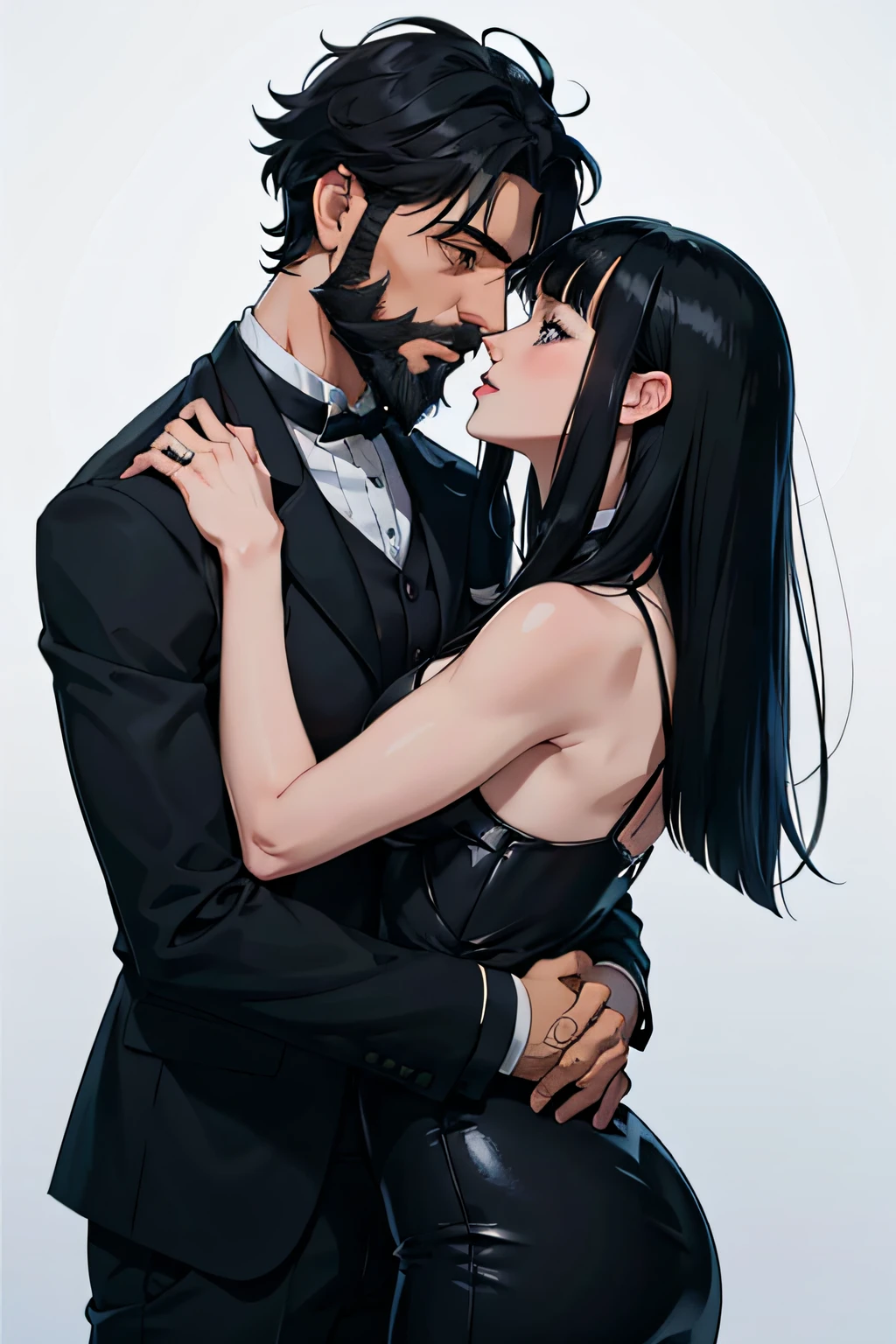 Pale man messy black hair, full beard and black clothes kissing a pale woman with black hair with bangs