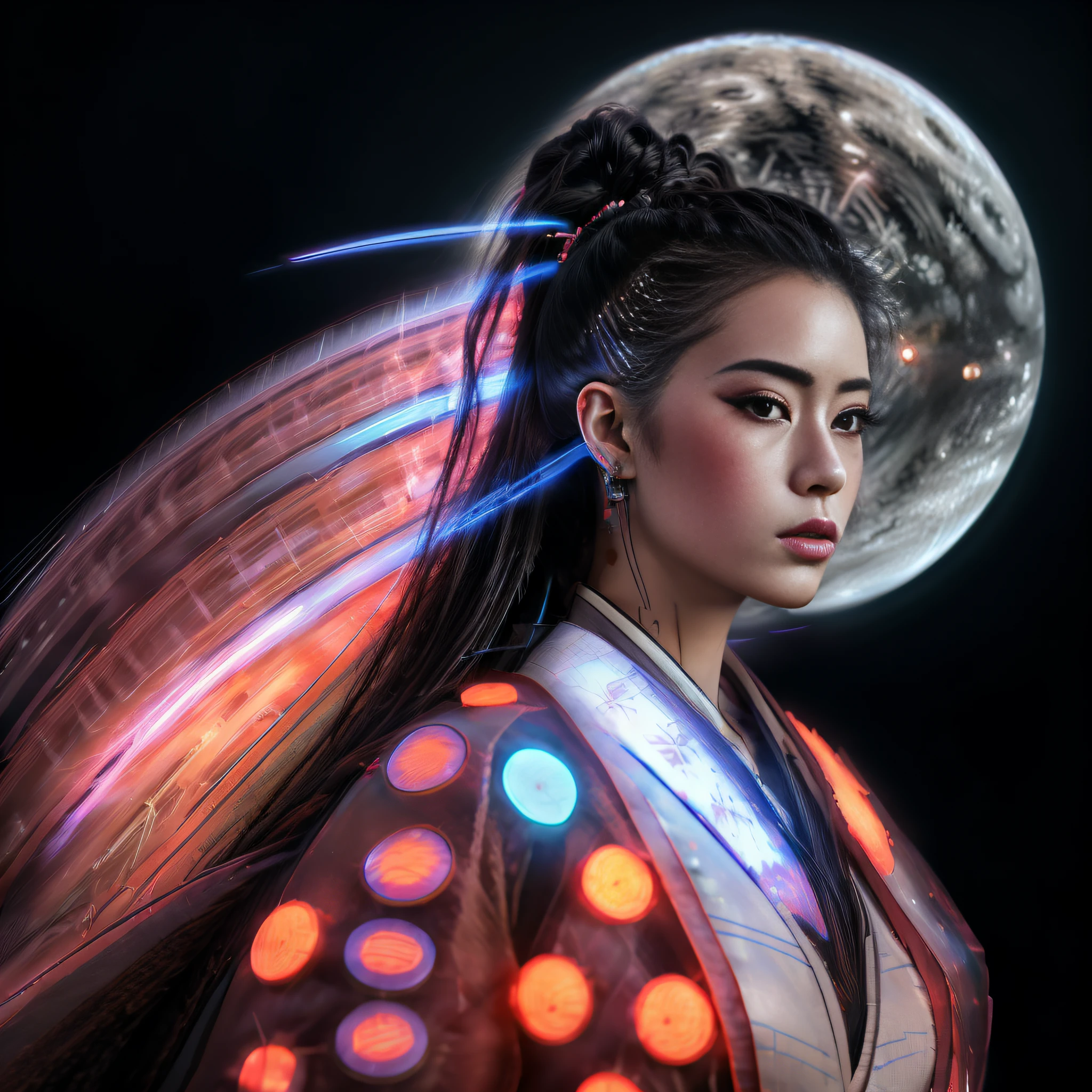 a cyberpuk japanese geisha, full lips, full breasts, with long hair in neon dreadlocks, circuit-shaped tattoo on her neck, and wearing a neon red kimono, in front of a bright full moon (intricate details) under a starry night sky (stars). , a beautiful futuristic kitsune woman, portrait of a beautiful cyberpunk geisha, futuristic onmyoji portrait, cyberpunk japanese goddess, a cyberpunk art, geisha portrait from the future, futuristic portrait of mulan, in digital art style, female cyber geisha, beautiful character from futuristic painting, futuristic beauty geisha.