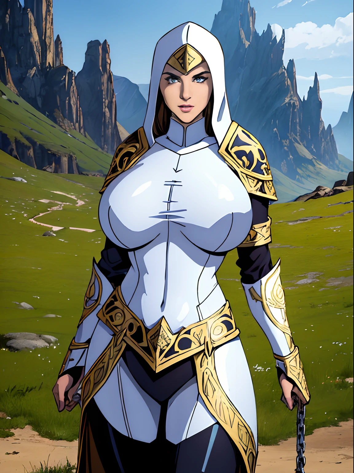 (masterpiece, top quality, best quality, official art, beautiful and aesthetic:1.2), (1girl:1.3), light freckles, fair skin, extremely detailed, portrait, looking at viewer, solo, (full body:0.6), detailed background, close up, (warm grasslands theme:1.1), holy paladin knight, charlatan, smirk, mysterious, swaying in mountains, modest attire, ((((ornate white and gold armor)))), cowl, nun hood, wimple, boob armor, cowl, robe, chain mail, chainmail, leggings, chainmail leggings, chain mail leggings, breastplate, tabard, gorget, hood, pauldrons, greaves, armored, long boots, longsword, shield, cape, cloak, pearlescent metal, white fabric, pale leather, ((((gigantic breasts)))), slim waist, slim hips, long legs, medieval (mountain exterior:1.1) background, dark mysterious lighting, shadows, magical atmosphere, dutch angle,