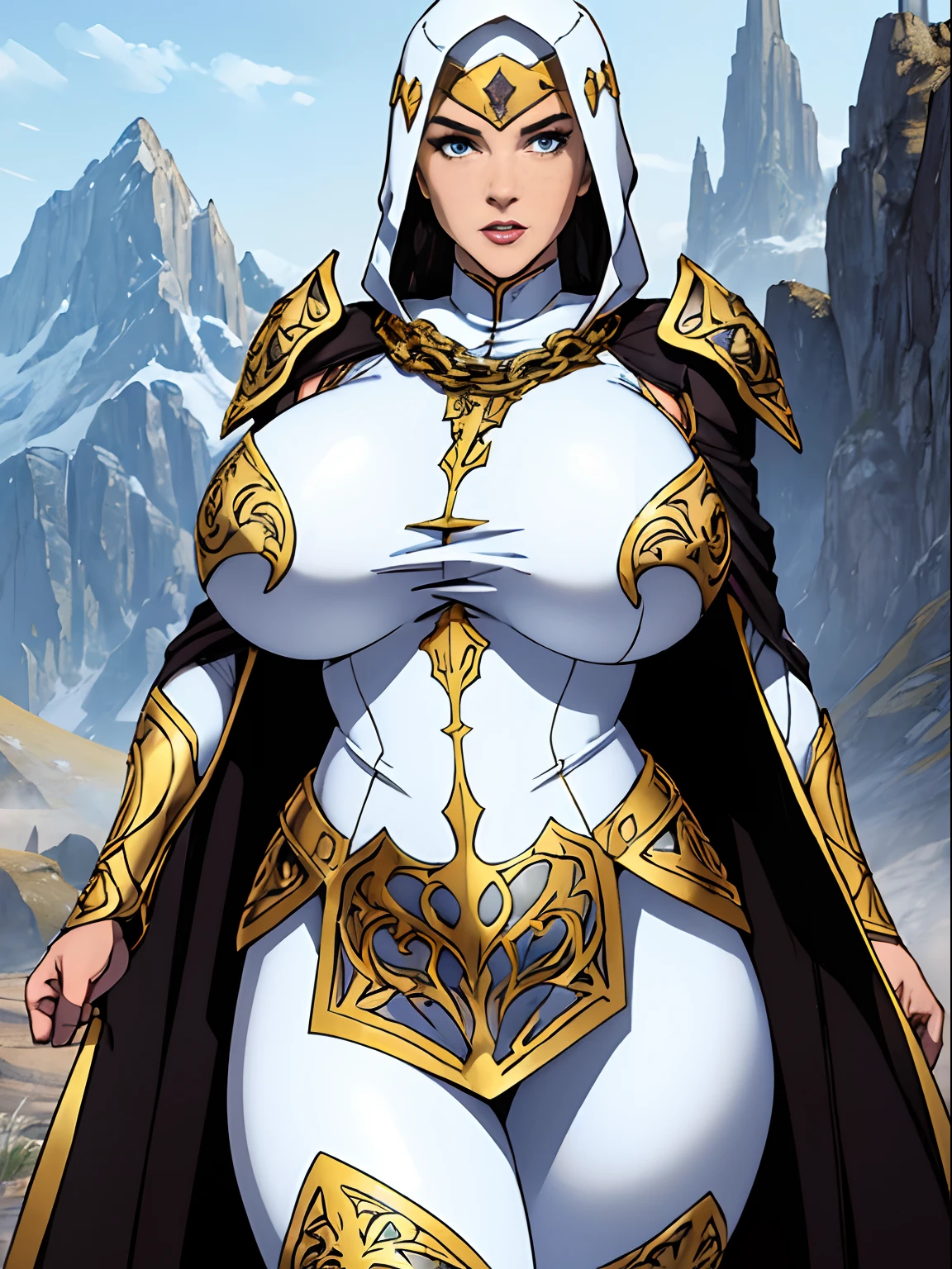 (masterpiece, top quality, best quality, official art, beautiful and aesthetic:1.2), (1girl:1.3), light freckles, fair skin, extremely detailed, portrait, looking at viewer, solo, (full body:0.6), detailed background, close up, (warm grasslands theme:1.1), holy paladin knight, charlatan, smirk, mysterious, swaying in mountains, modest attire, ((((ornate white and gold armor)))), cowl, nun hood, wimple, boob armor, cowl, chain mail, chainmail, leggings, chainmail leggings, chain mail leggings, breastplate, gorget, hood, pauldrons, greaves, armored, long boots, longsword, shield, cape, cloak, pearlescent metal, white metal, pale leather, ((((gigantic breasts)))), slim waist, slim hips, long legs, medieval (mountain exterior:1.1) background, dark mysterious lighting, shadows, magical atmosphere, dutch angle,