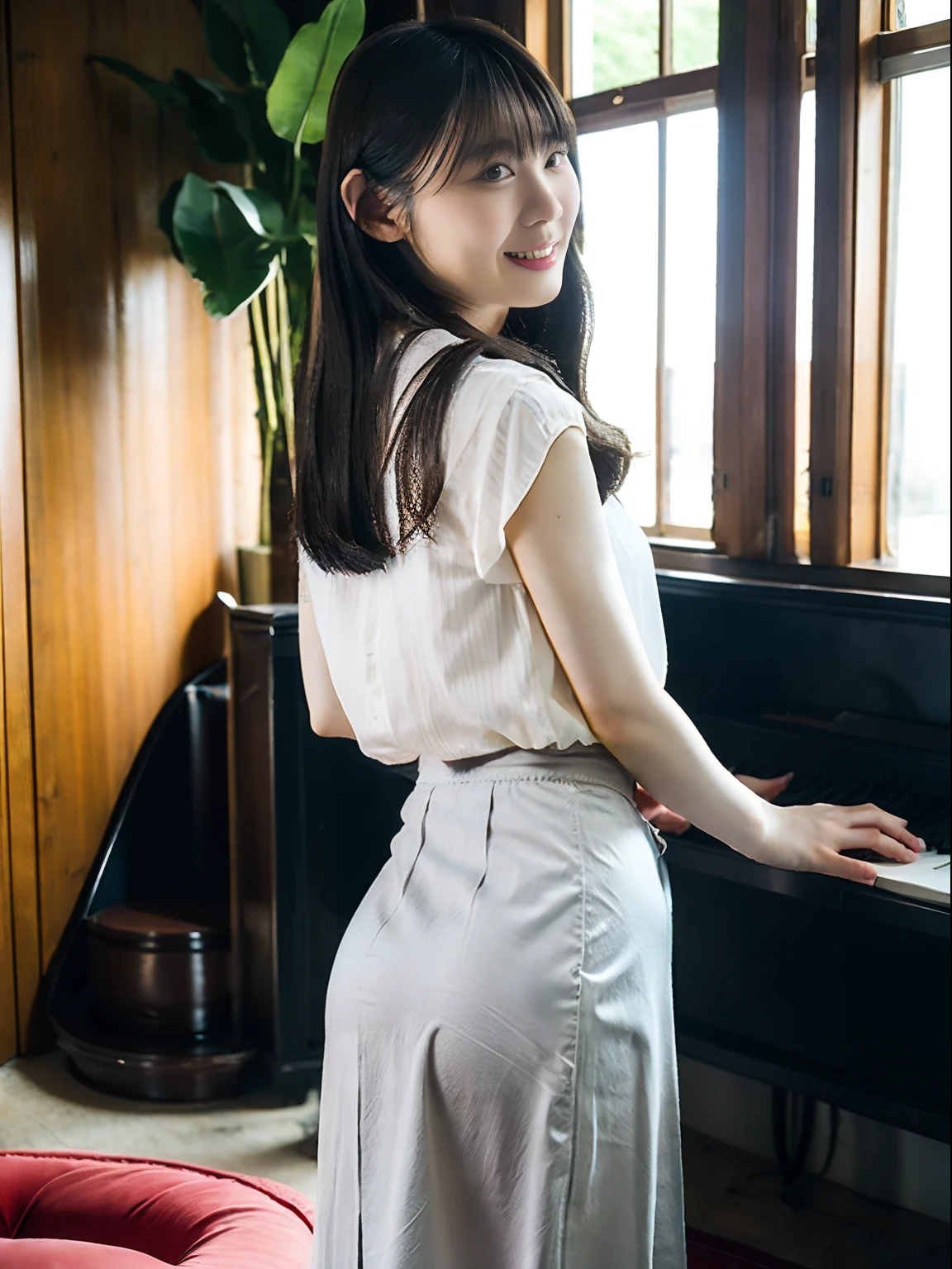 top-quality、超A high resolution、(Photorealsitic:1.4)、女の子1人、grey skirt、Office stairs、turned around、A little smile、Unusual look、Sexy buttocks、White blouses、Beautiful curved waist constriction、Document Case Retention