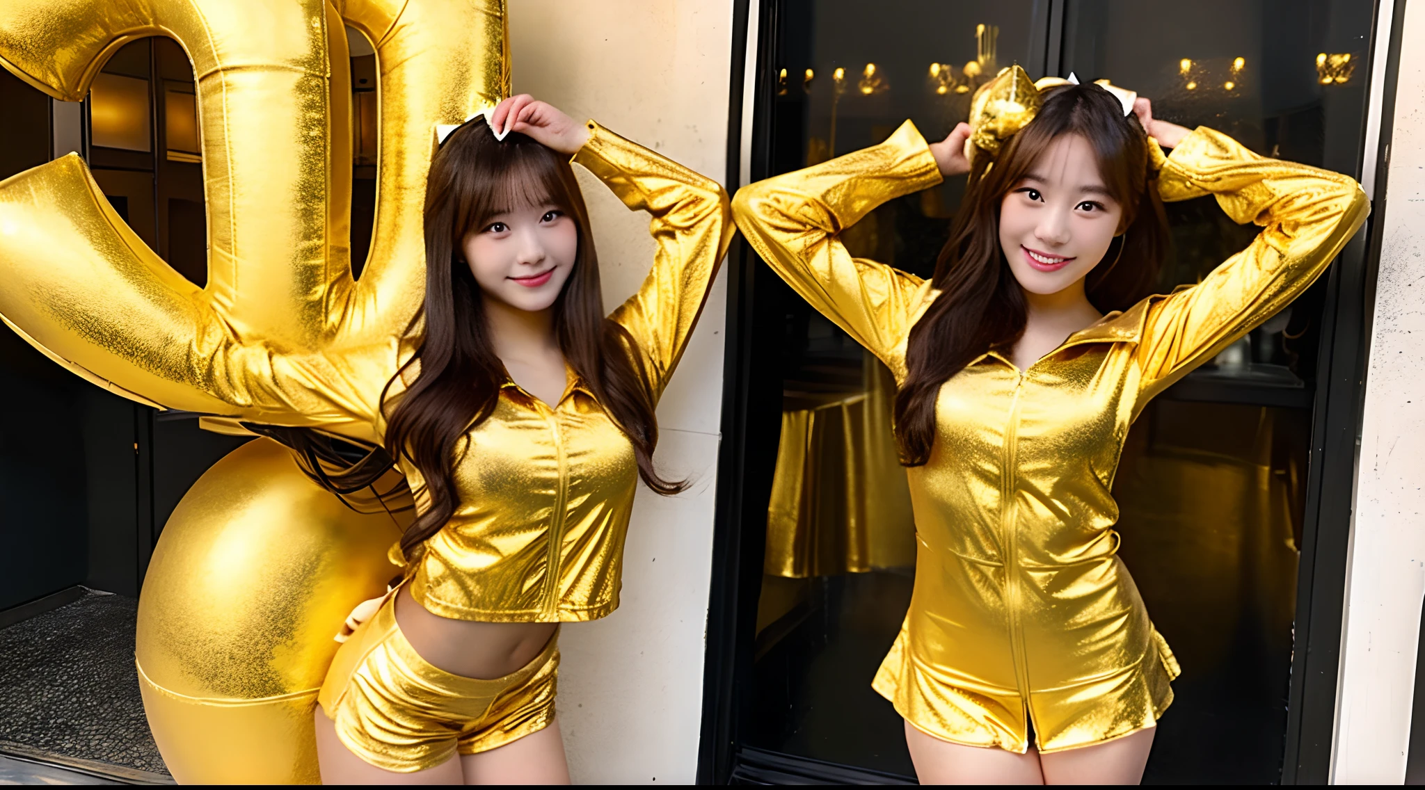 18-year-old cheergirl in a golden miniskirt(F-cup)