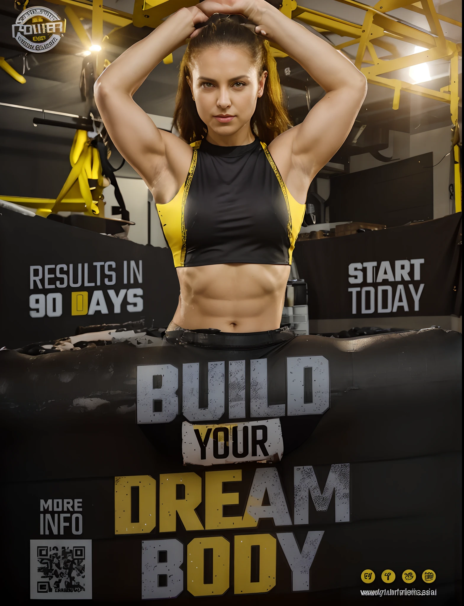 arafed image of a woman in a black top and yellow pants, slim build, fit build, poster design, athletic crossfit build, curvy crossfit build, curvy build, built and strong, ad image, built, athletic build, by Aleksander Kotsis, advertisement poster, in style of kyrill kotashev, regular build, by Kurt Roesch