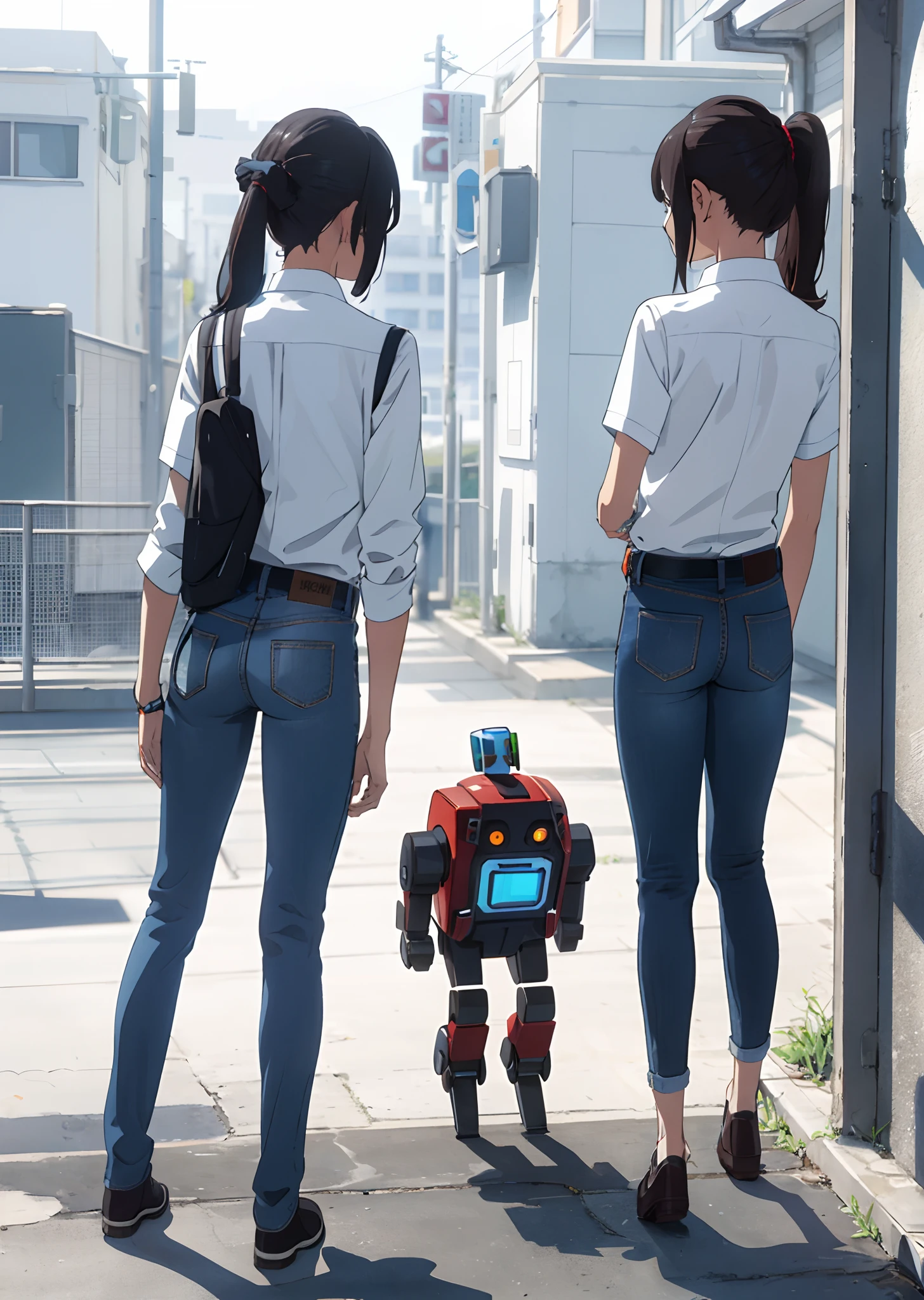 One with a slightly tilted head tied in a double ponytail,The outside is a short jeans, and behind is a school uniform,Robot beauty standing drawing