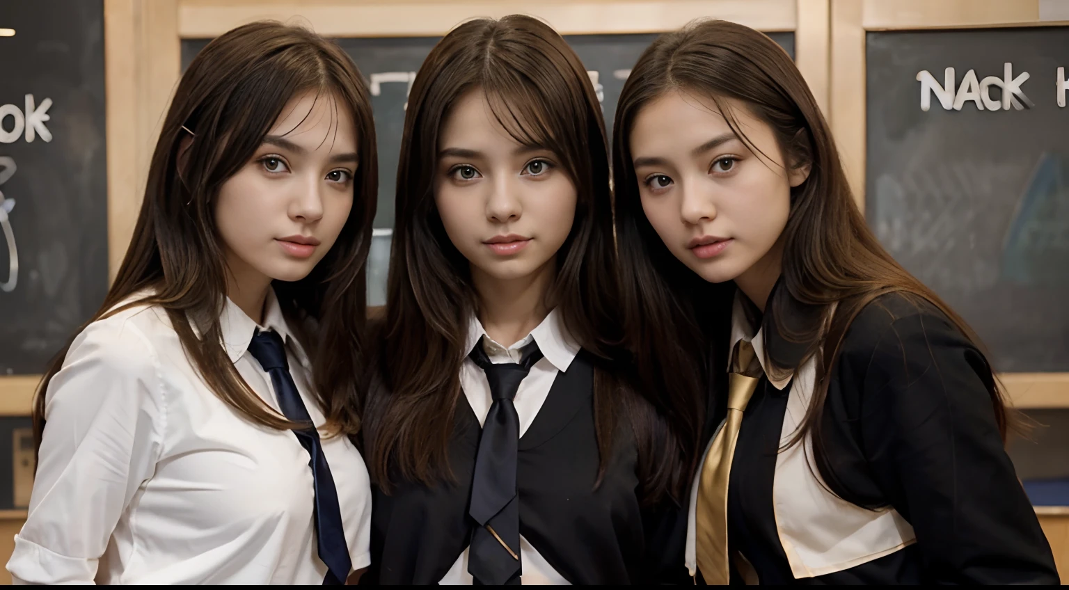 Beautiful girl threesome、Everyone is beautiful、a blond、A dark-haired、yawns、Black School Uniforms、Gold Accessories、school  background、Black miniskirt、Arms crossed、A sexy