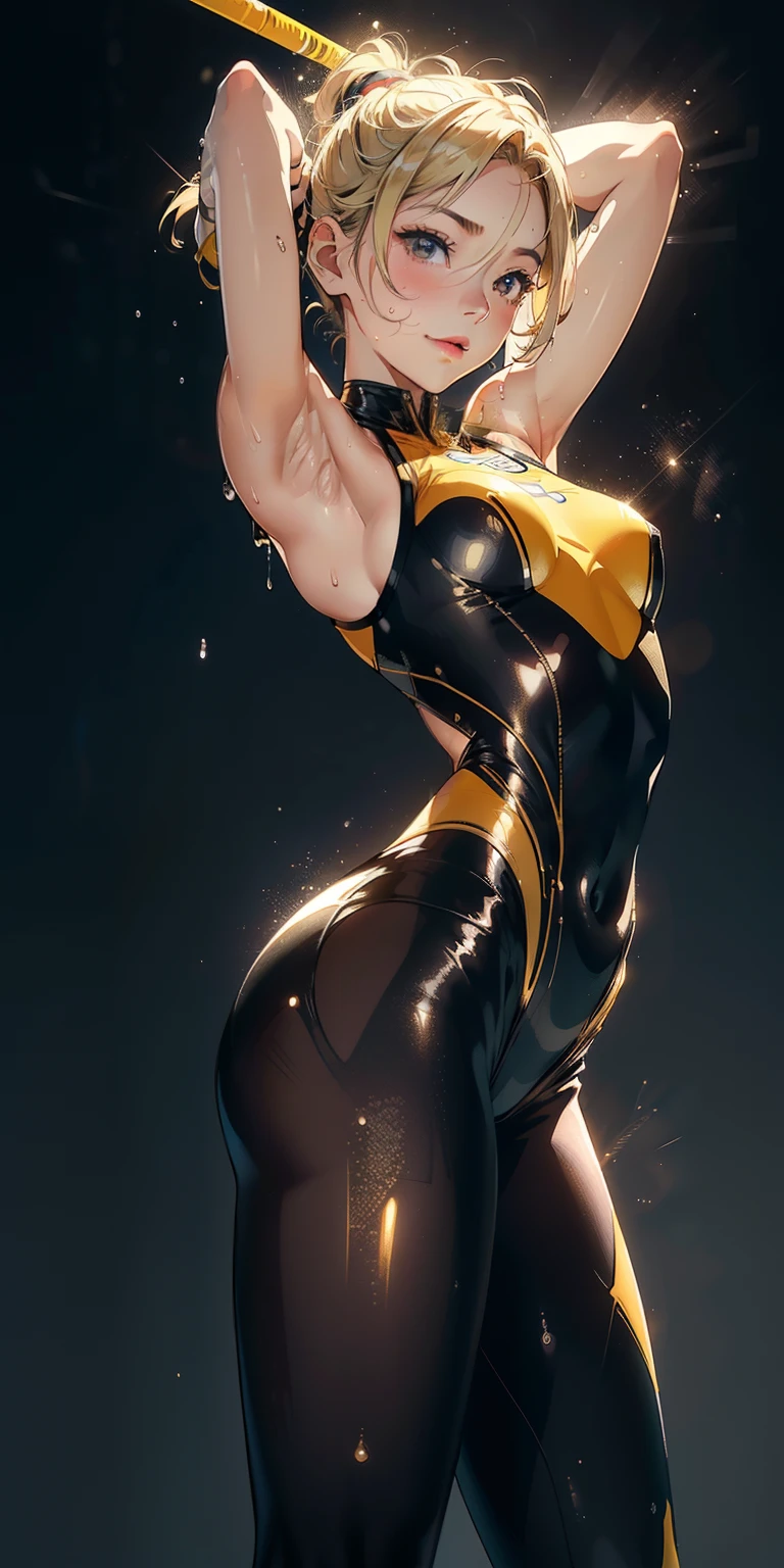 -yeld gi 独奏, Wearing yellow tight fit transparent tights bodysuit、a smile、With ultra-thin fabric、Super close-up looking up from below、gymnast、​masterpiece, top-quality, realisitic, ultra-detailliert, (shinny skin, Sweating: 1.4), Versatile sexy poses、Blonde short bob、Brown-eyed, slender, dynamic light and shadow, hight resolution, foco nítido, depth of fields, Narrow-eyed, Sharp pupils, Realistic pupils, (breasts are small: 1.6), (Thigh thickness: 1.0),Gymnastics Stadium