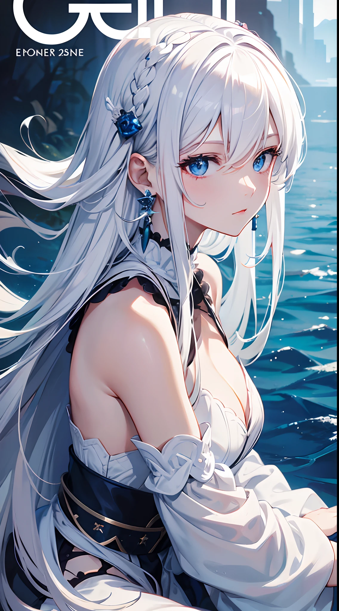 Cover magazine, anime, woman, solo, long hair, white hair, blue eyes, model, beautiful, fantasy, Casual clothes. Hair accessories. Unusual hairstyles. Earrings.