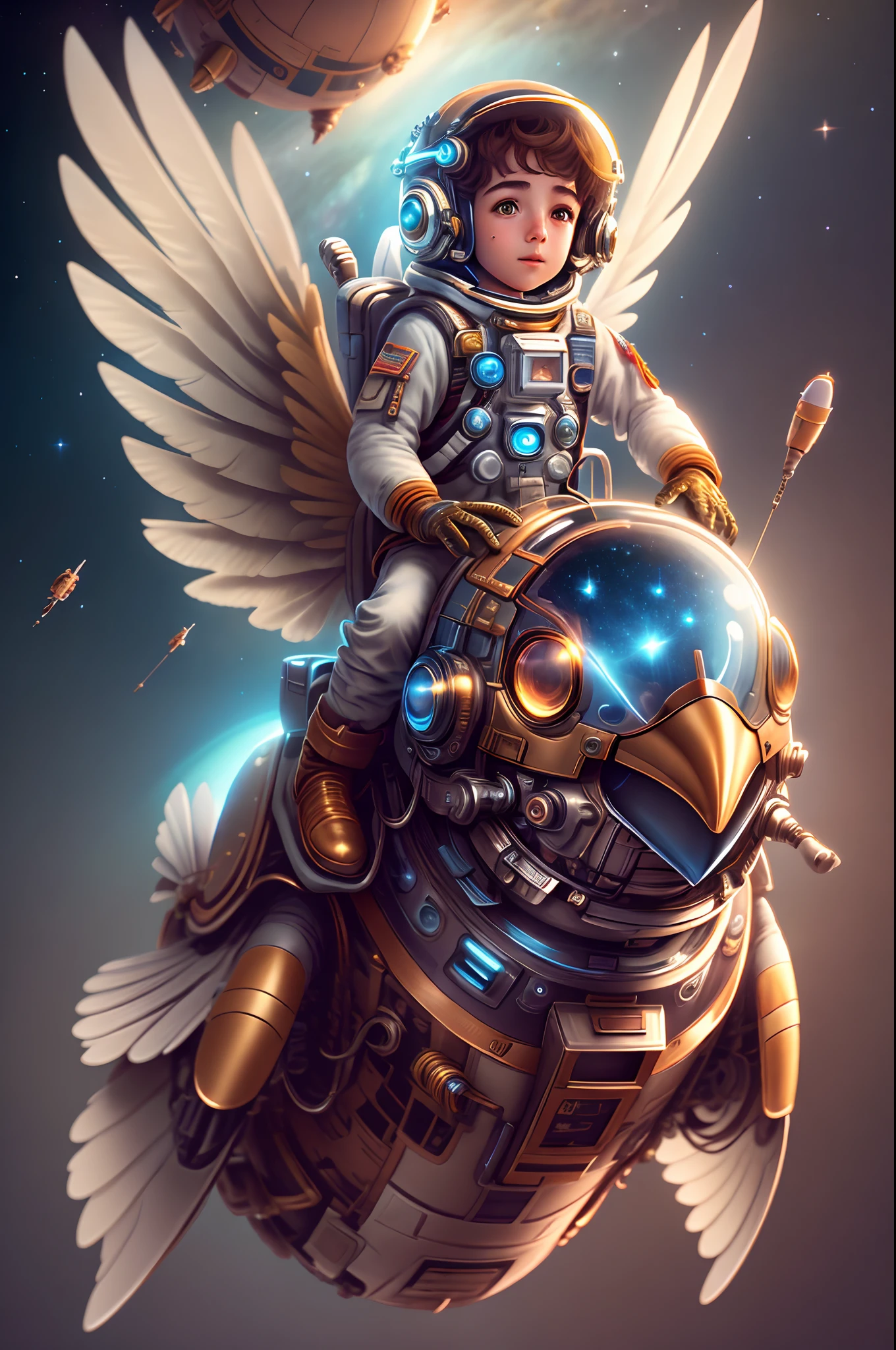 Masterpiece, Best quality, (Very detailed CG Unity 8K wallpapers), (Best quality), (Most Best Illustration), (Best shadows),Astronaut boy riding on mechanical bird，s the perfect face，space backdrop，heavenly body，galactic，galaxias，Mards，kosmos