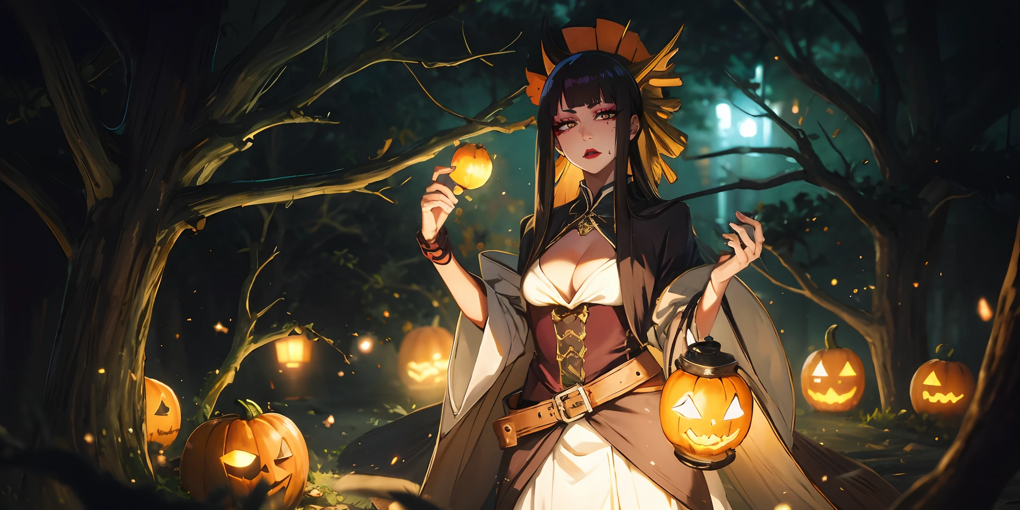 senjumaru shutara, (long hair, bangs, blunt bangs, black hair, sidelocks:1.5), (black eyes:1.5), makeup, lipstick, red lipstick, breasts, epic art, fantasy, 1girl, jack-o'-lantern, halloween, solo,  lantern, pumpkin, breasts, witch, cleavage_cutout, medium_breasts, cleavage, lollipop, happy_halloween, dress, flower, tree, looking_at_viewer, belt, large_breasts, candy, long_sleeves, jewelry, standing, candle, glow effects, godrays, Hand drawn, render, 8k, octane render, cinema 4d, blender, dark, atmospheric 4k ultra detailed, cinematic, Sharp focus, big depth of field, Masterpiece, colors, 3d octane render, 4k, concept art, trending on artstation, hyperrealistic, Vivid colors, extremely detailed CG unity 8k wallpaper, trending on CGSociety, Intricate, High Detail, dramatic, anime coloring, anime screencap, steaming body, fog, heavy breathing, nsfw art,