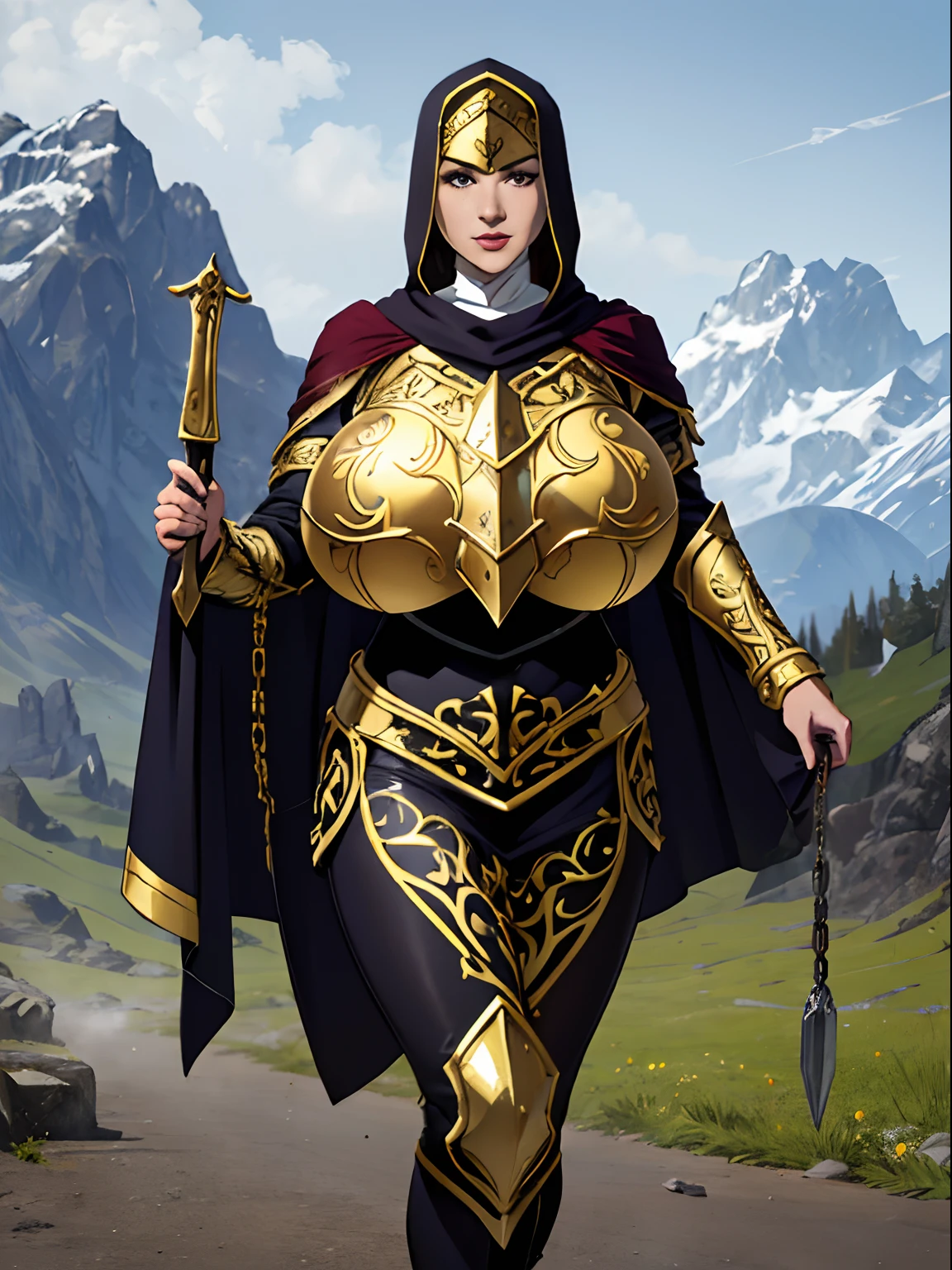 (masterpiece, top quality, best quality, official art, beautiful and aesthetic:1.2), (1girl:1.3), light freckles, fair skin, extremely detailed, portrait, looking at viewer, solo, (full body:0.6), detailed background, close up, (warm grasslands theme:1.1), holy paladin knight, charlatan, smirk, mysterious, swaying in mountains, modest attire, ((((ornate white and gold armor)))), cowl, nun hood, wimple, boob armor, cowl, chain mail, chainmail, leggings, chainmail leggings, chain mail leggings, breastplate, gorget, hood, pauldrons, greaves, armored, long boots, longsword, shield, cape, cloak, pearly metal, white metal, pale leather, ((((gigantic breasts)))), slim waist, slim hips, long legs, medieval (mountain exterior:1.1) background, dark mysterious lighting, shadows, magical atmosphere, dutch angle,