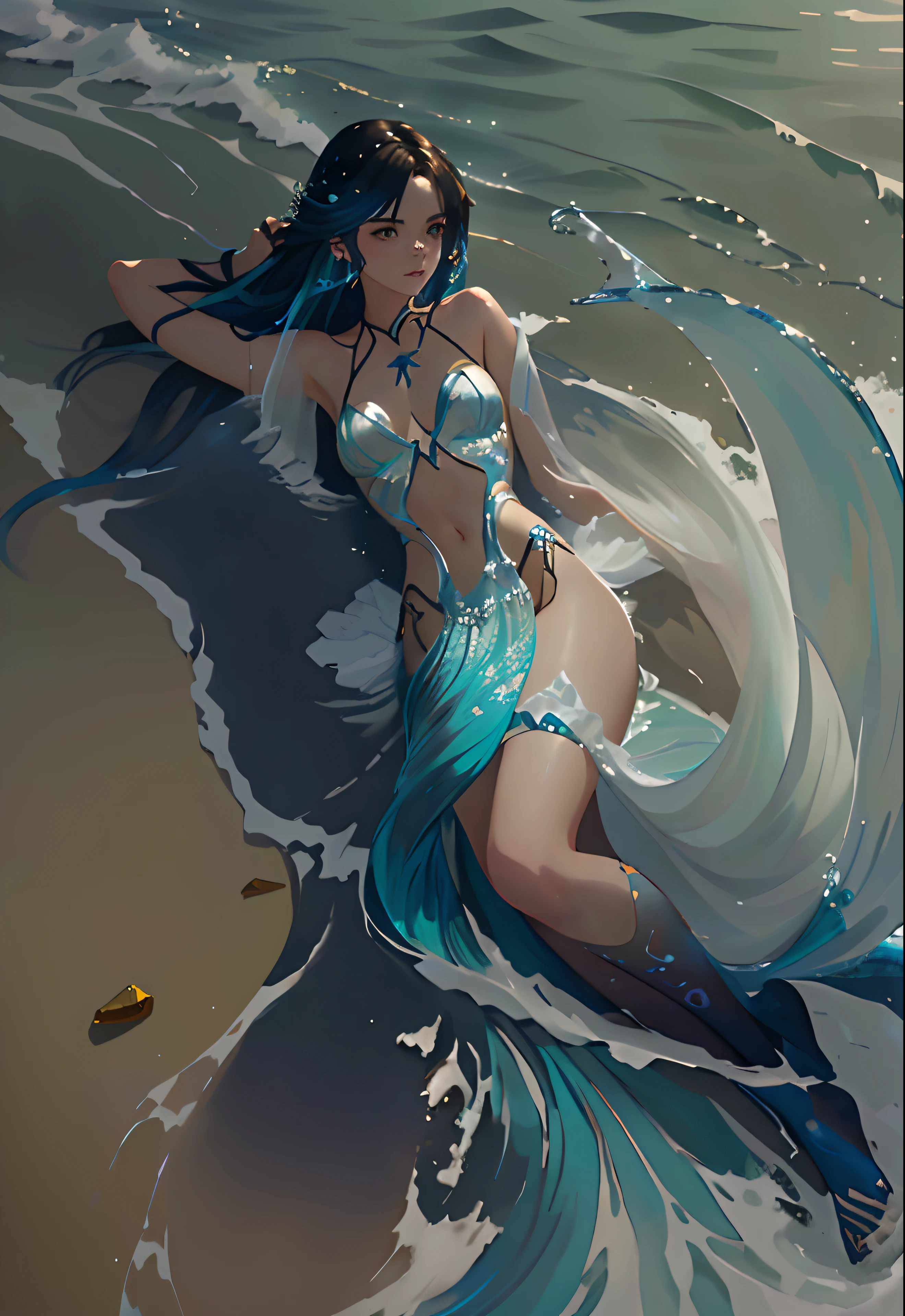 sirena con pelo largo flotando en el agua con una cola azul, Estilo de pintura WLOP, El estilo de WLOP, Reina del Mar Mu Yanling, Obras de arte al estilo de Guweiz, Guweiz, sirena, hermosa sirena, Arte WLOP, WLOP y Krenz Cushart, Emma Watson como una sirena, Obra maestra de Guweiz