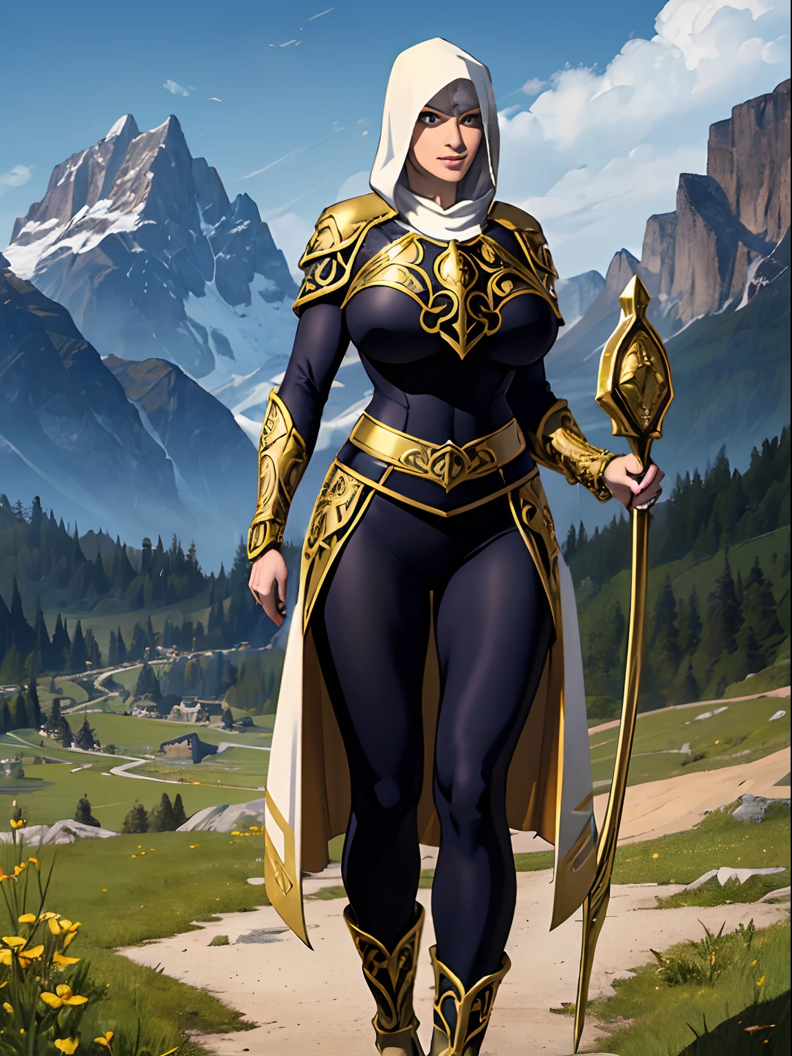 (masterpiece, top quality, best quality, official art, beautiful and aesthetic:1.2), (1girl:1.3), light freckles, fair skin, extremely detailed, portrait, looking at viewer, solo, (full body:0.6), detailed background, close up, (warm grasslands theme:1.1), holy paladin knight, charlatan, smirk, mysterious, swaying in mountains, modest attire, ((((ornate white and gold armor)))), cowl, nun hood, wimple, boob armor, cowl, chain mail, chainmail, leggings, chainmail leggings, chain mail leggings, breastplate, gorget, hood, pauldrons, greaves, armored, long boots, longsword, shield, cape, cloak, pearly metal, white metal, pale leather, ((((gigantic breasts)))), slim waist, slim hips, long legs, medieval (mountain exterior:1.1) background, dark mysterious lighting, shadows, magical atmosphere, dutch angle,