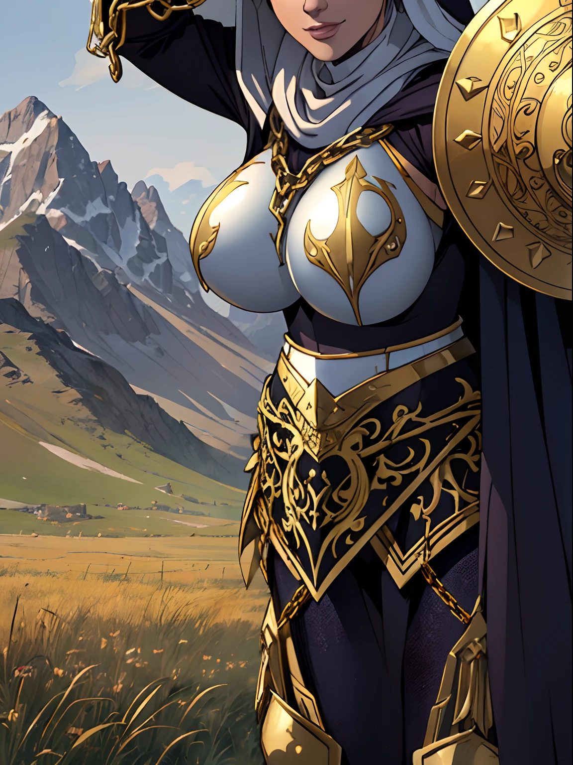 (masterpiece, top quality, best quality, official art, beautiful and aesthetic:1.2), (1girl:1.3), light freckles, fair skin, extremely detailed, portrait, looking at viewer, solo, (full body:0.6), detailed background, close up, (warm grasslands theme:1.1), holy paladin knight, charlatan, smirk, mysterious, swaying in mountains, modest attire, ((((ornate white and gold armor)))), cowl, nun hood, wimple, boob armor, cowl, chain mail, chainmail, leggings, chainmail leggings, chain mail leggings, breastplate, gorget, hood, pauldrons, greaves, armored, long boots, longsword, shield, cape, cloak, pearly metal, white metal, pale leather, ((((gigantic breasts)))), slim waist, slim hips, long legs, medieval (mountain exterior:1.1) background, dark mysterious lighting, shadows, magical atmosphere, dutch angle,