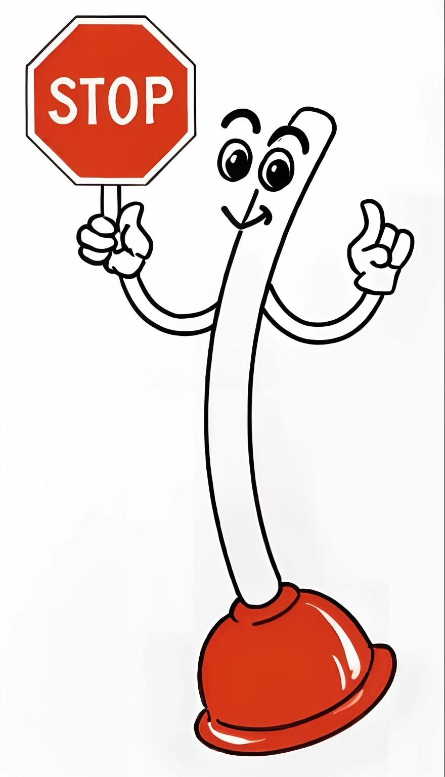 Toilet Plunger, holding a forbidden sign in the right hand, pure white background, stick figure style