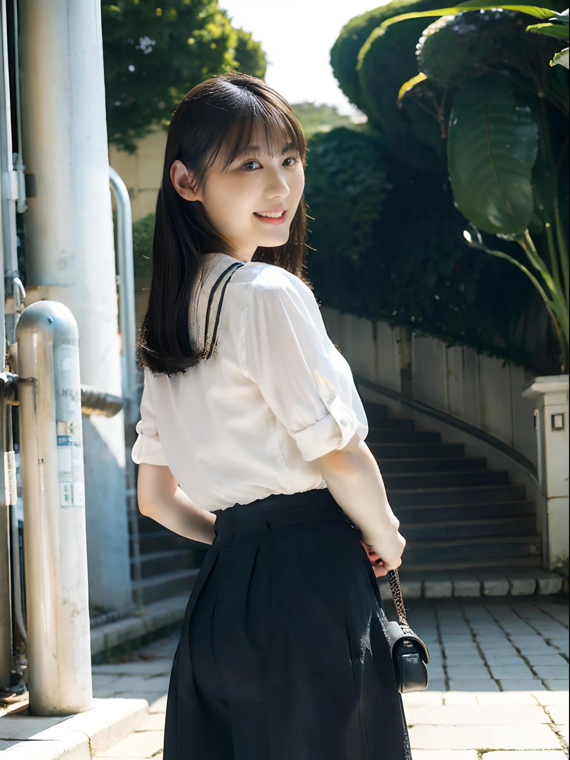 top-quality、超A high resolution、(Photorealsitic:1.4)、女の子1人、grey skirt、Office stairs、turned around、A little smile、Unusual look、Sexy buttocks、White blouses、Beautiful curved waist constriction、Document Case Retention