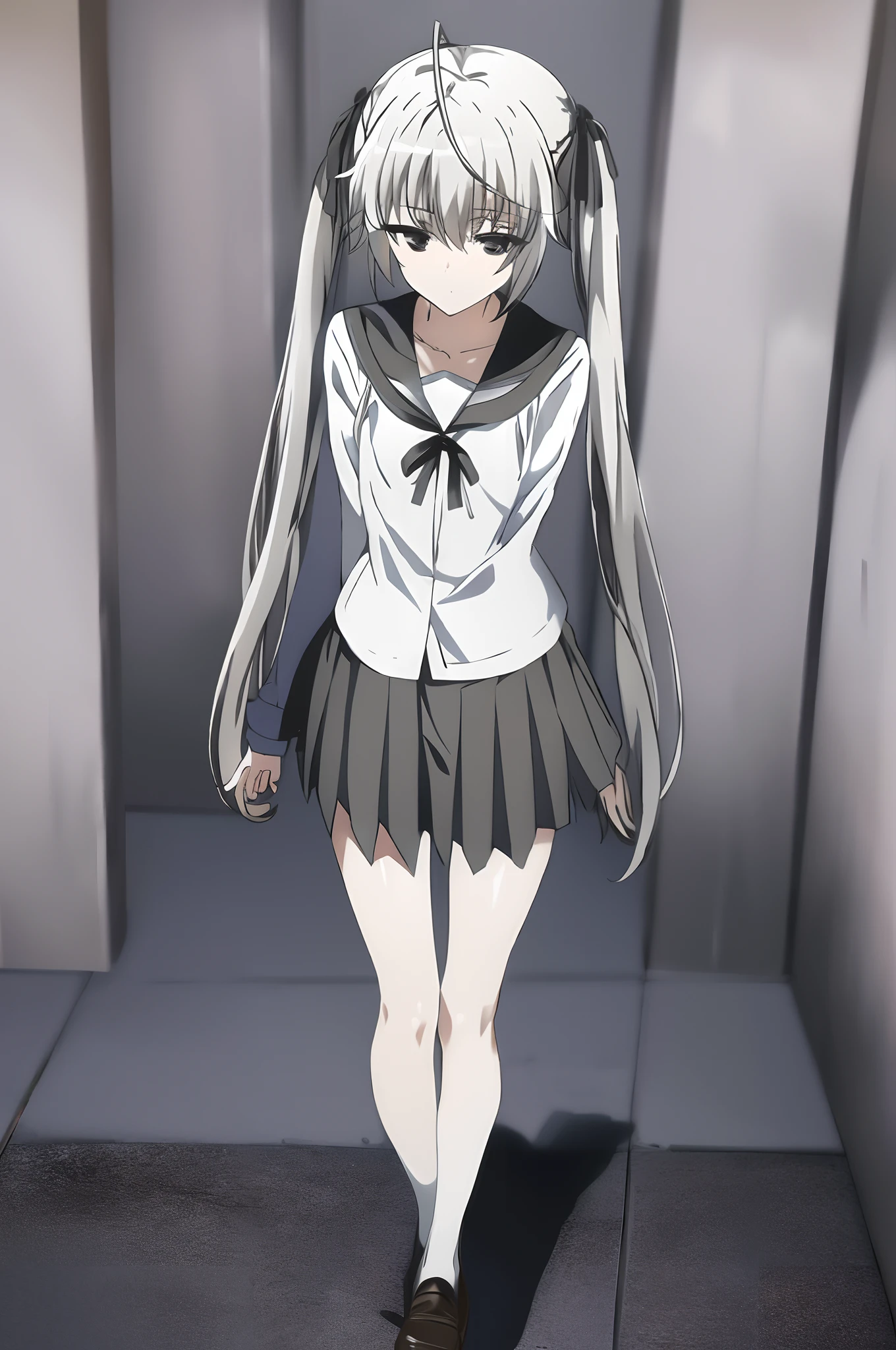 sorakasugano, sora kasugano, ahoge, (black eyes:1.5), hair between eyes, hair ribbon, long hair, twintails, black ribbon, white hair, (flat chest:1.2), BREAK black pantyhose, grey ribbon, grey skirt, long sleeves, miniskirt, pantyhose, pleated skirt, sailor collar, school uniform, serafuku, skirt, white sailor collar, white serafuku, BREAK looking at viewer, BREAK standing in front of car, BREAK outdoors, BREAK (masterpiece:1.2), best quality, high resolution, unity 8k wallpaper, (illustration:0.8), (beautiful detailed eyes:1.6), extremely detailed face, perfect lighting, extremely detailed CG, (perfect hands, perfect anatomy), ((detailed eyes))